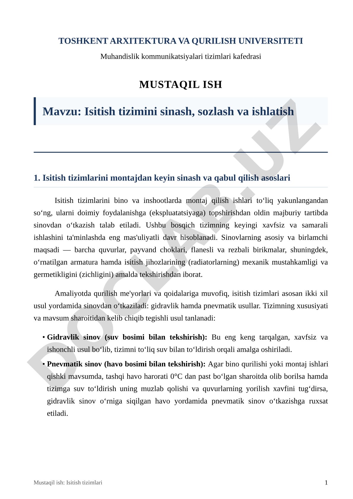 Isitish tizimini sinash, sozlash va ishlatish