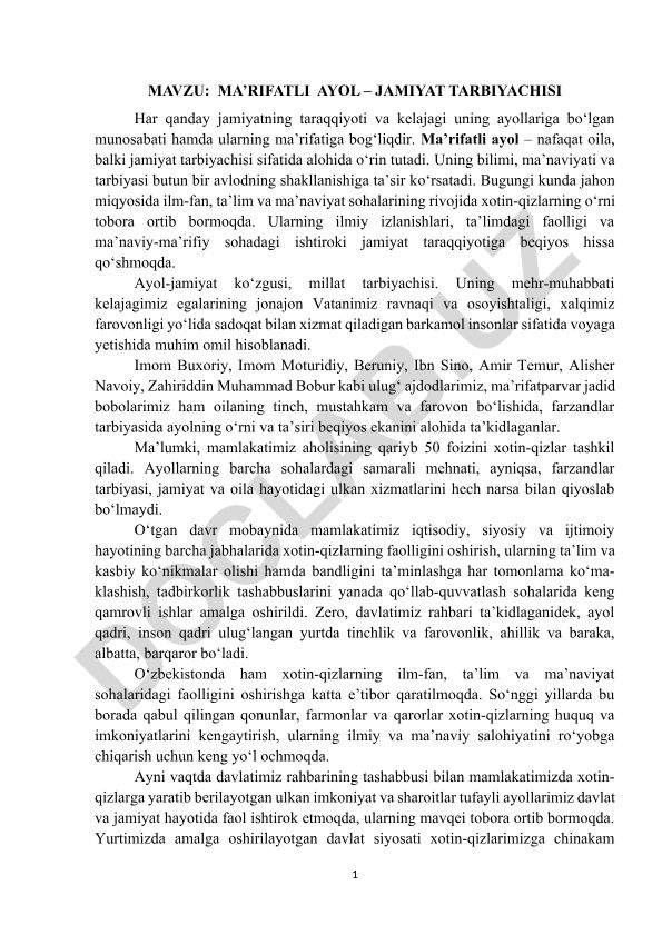 Ma’rifatli ayol – jamiyat tarbiyachisi