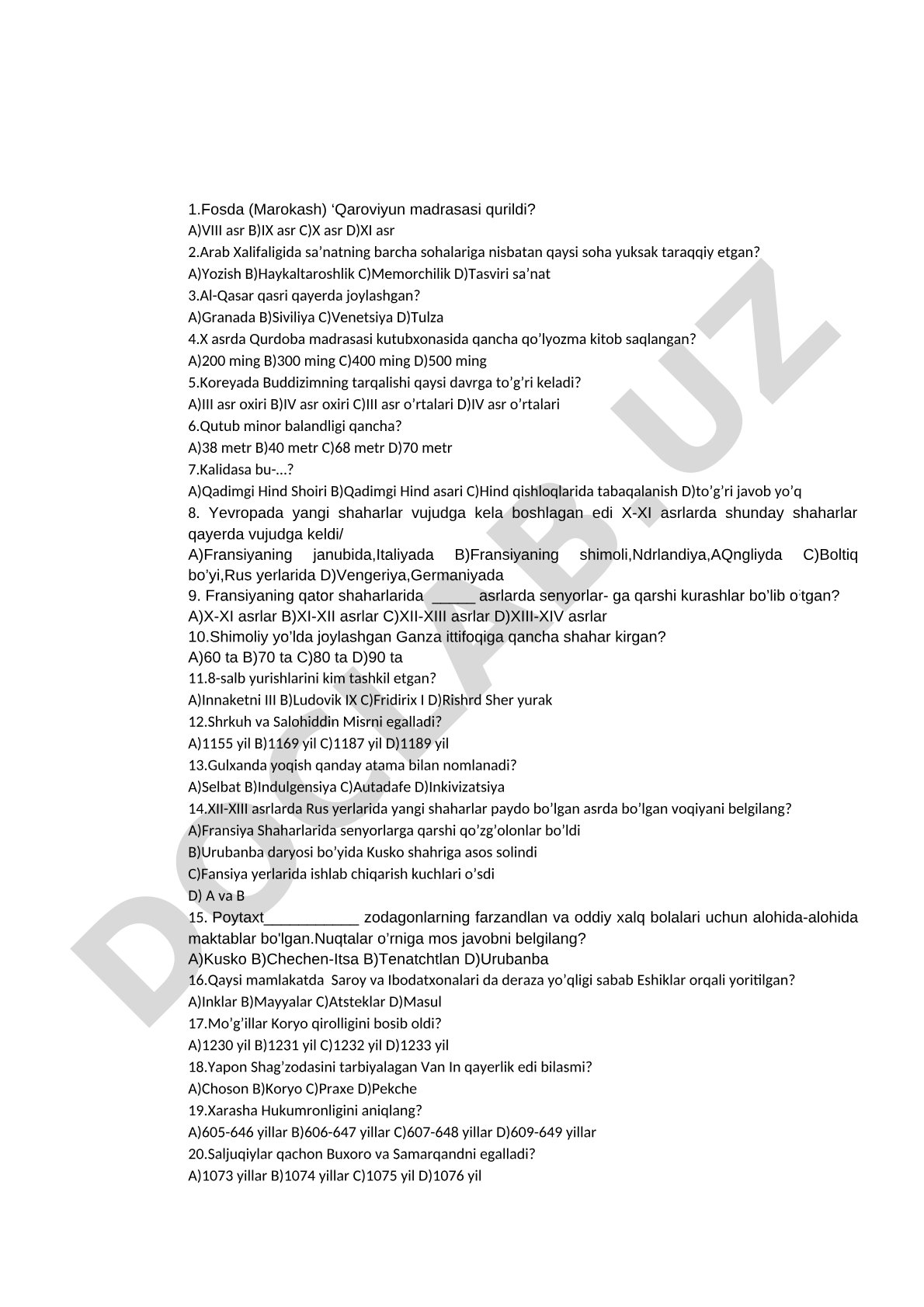 O'rta asrlar tarixi test savollari