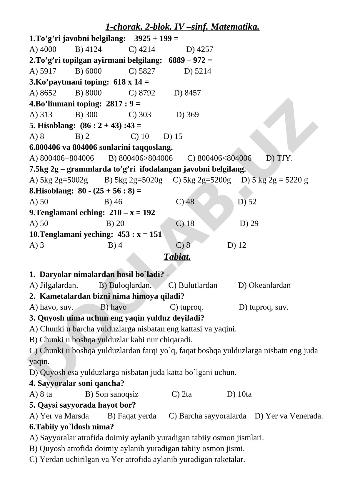 IV sinf matematika va tabiat fanidan 1-chorak 2-blok test savollari