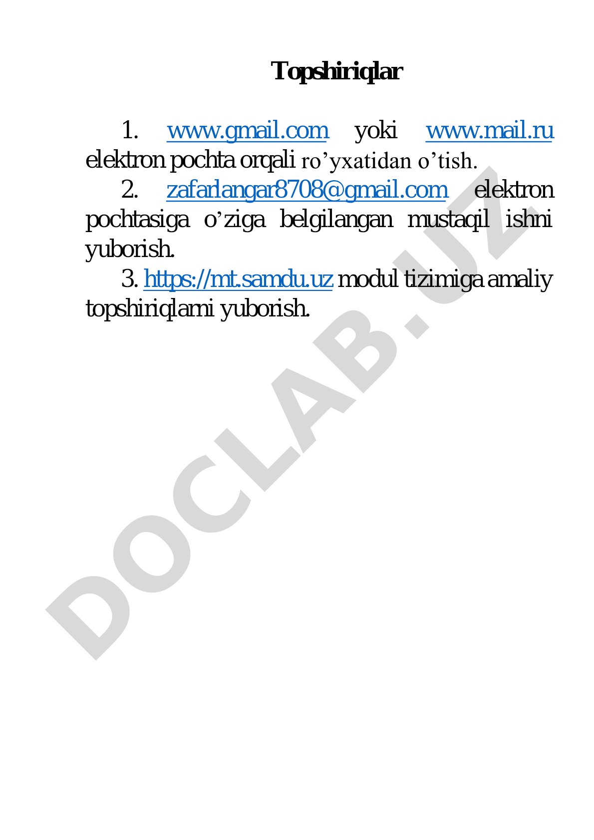 Gmail/mail.ru ro'yxatdan o'tish, mustaqil ishni emailga yuborish, modul tizimiga
