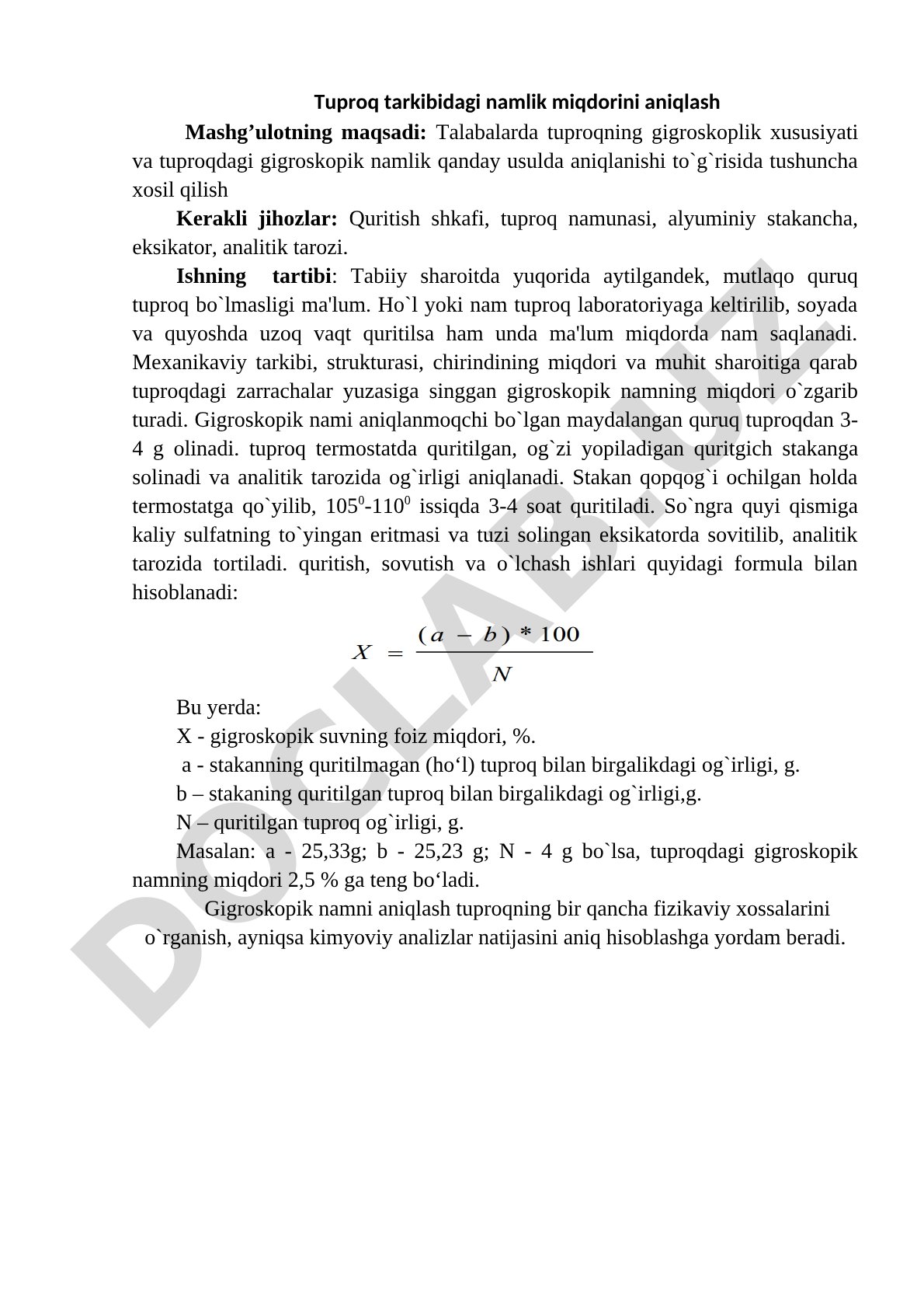 Tuproq tarkibidagi namlik miqdorini aniqlash