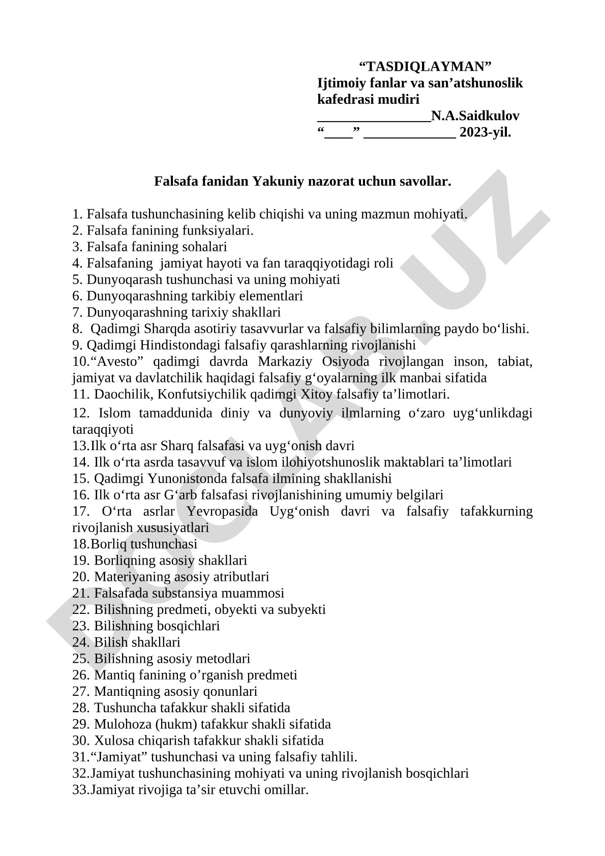 Falsafa fanidan Yakuniy nazorat uchun savollar