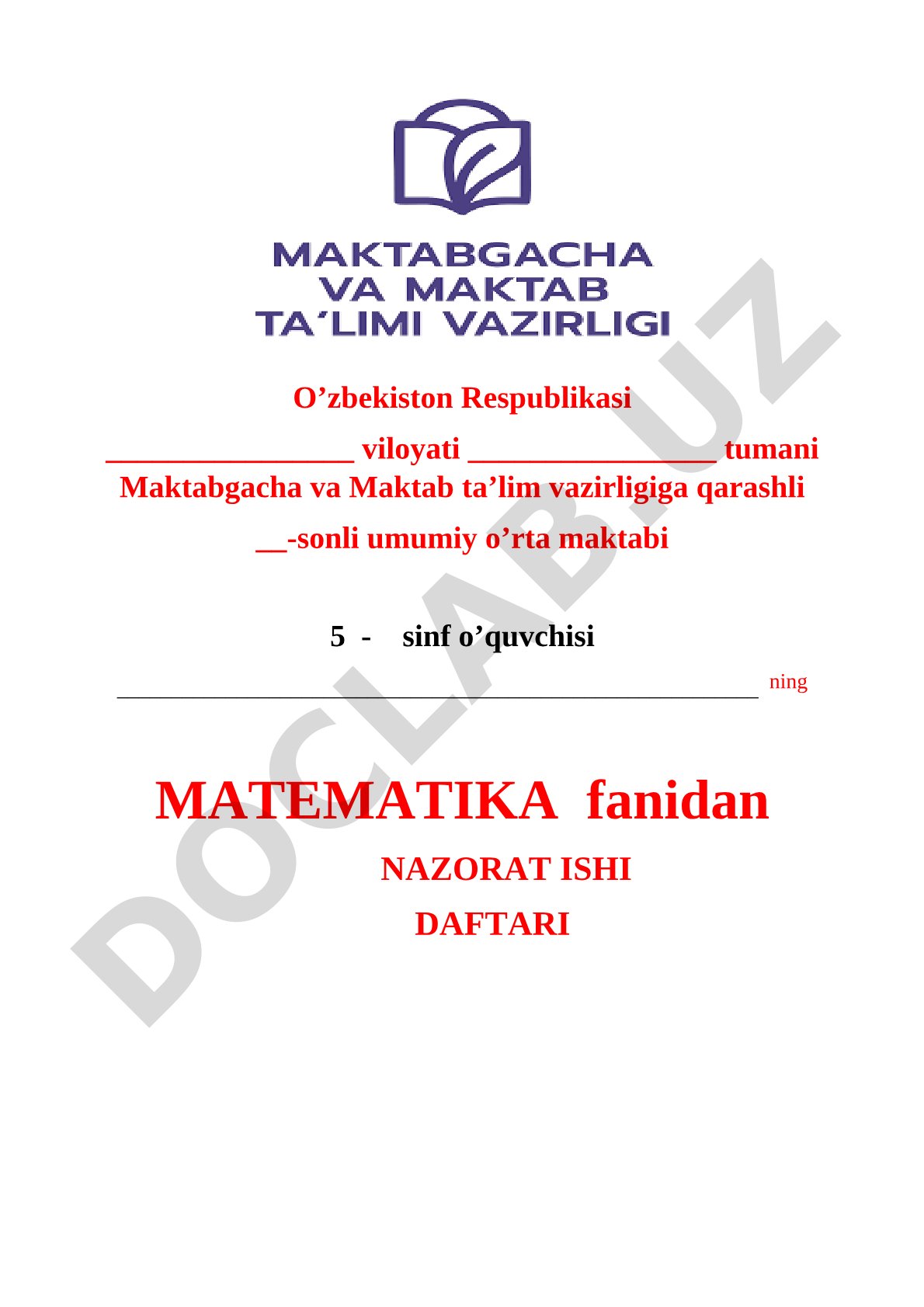 Matematika fanidan 5-sinf nazorat ishi