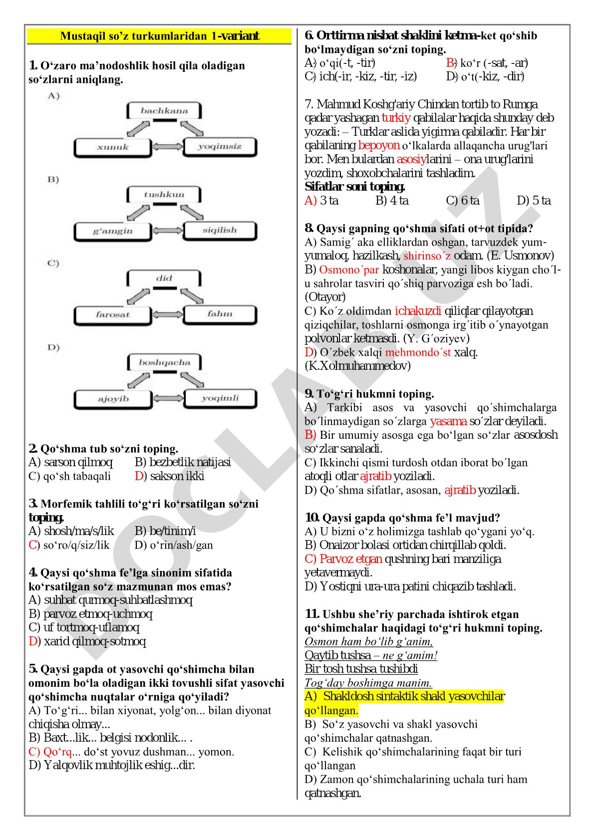 Mustaqil so’z turkumlaridan 1-variant