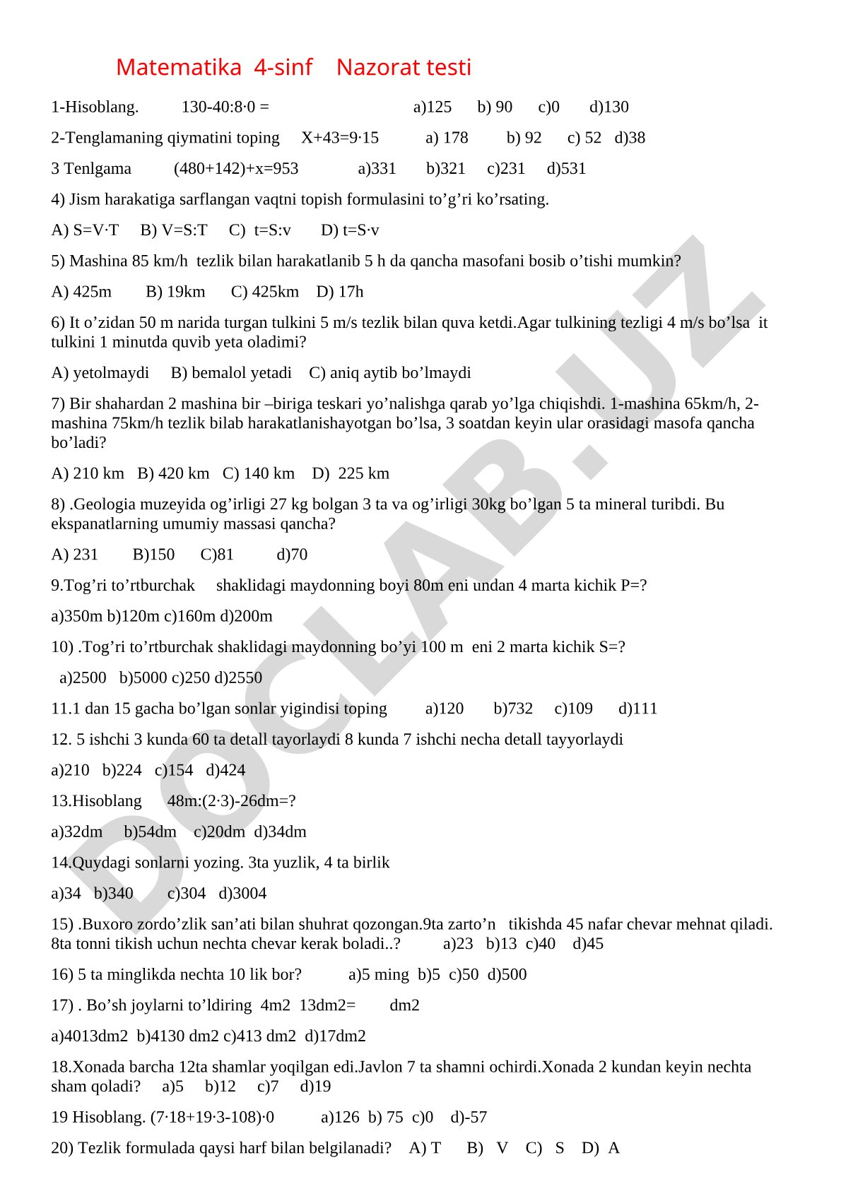 Matematika 4-sinf Nazorat testi