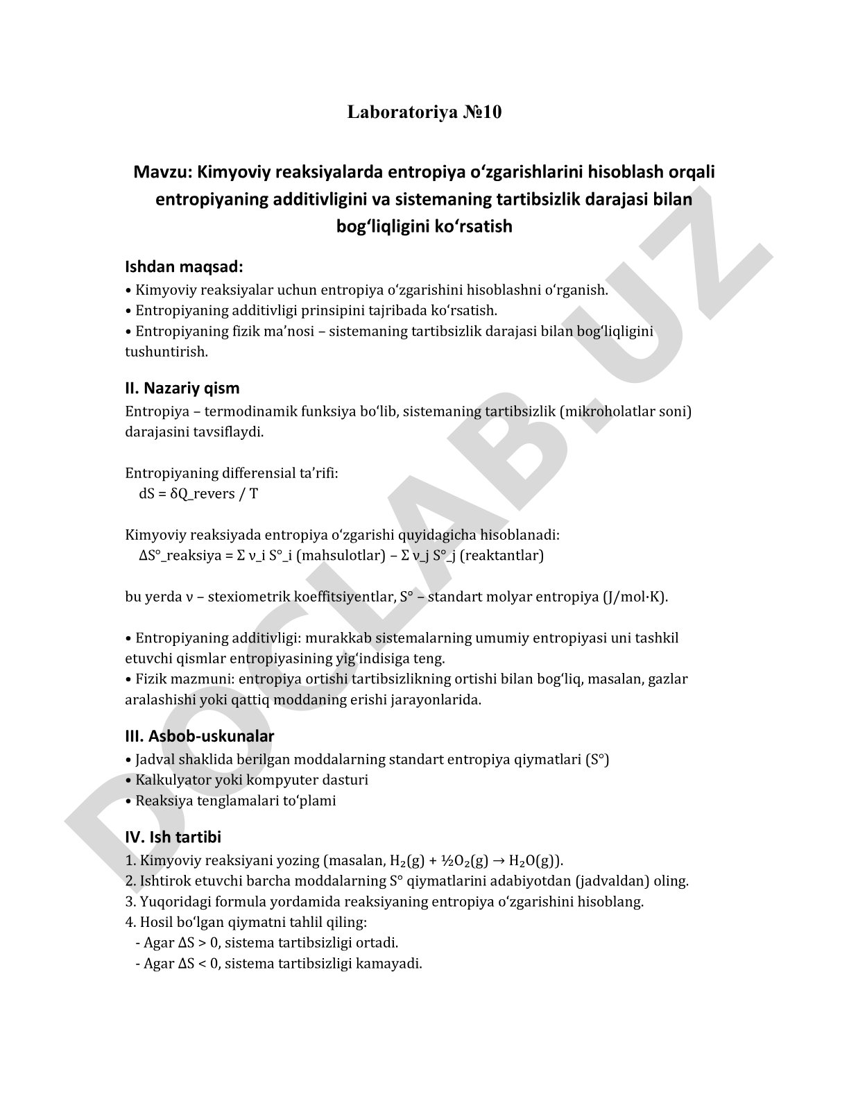 Kimyoviy reaksiyalarda entropiya o'zgarishlari va additivligi
