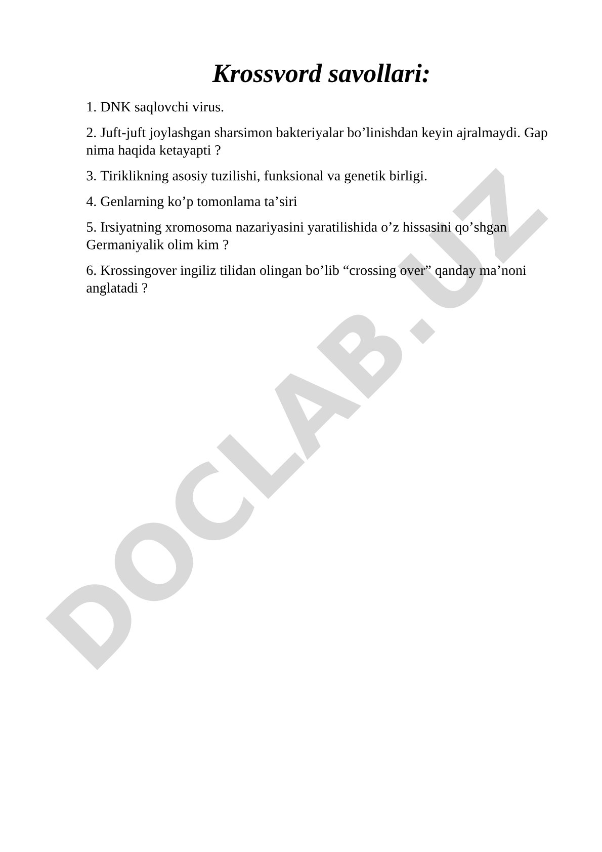 Biologiya va genetika fanidan krossvord savollari