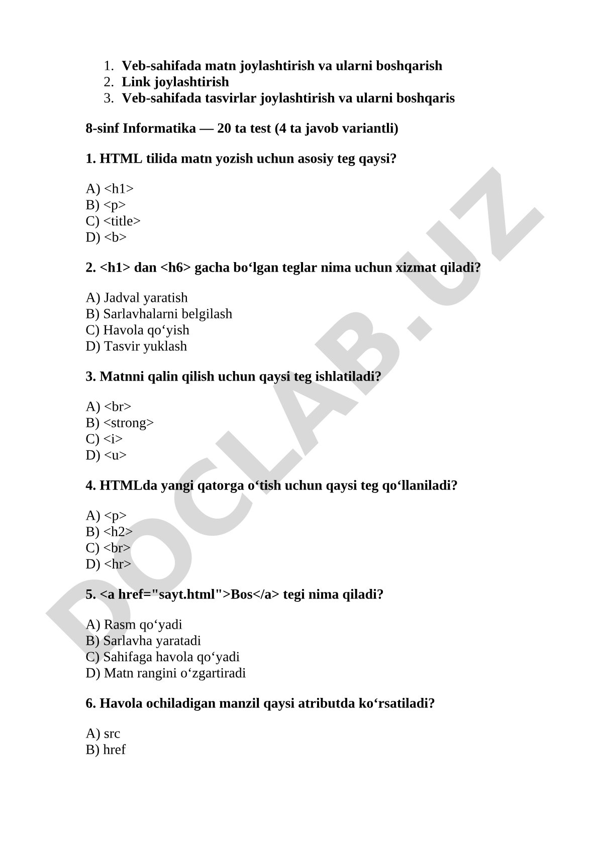 8-sinf Informatika — 20 ta test (4 ta javob variantli)