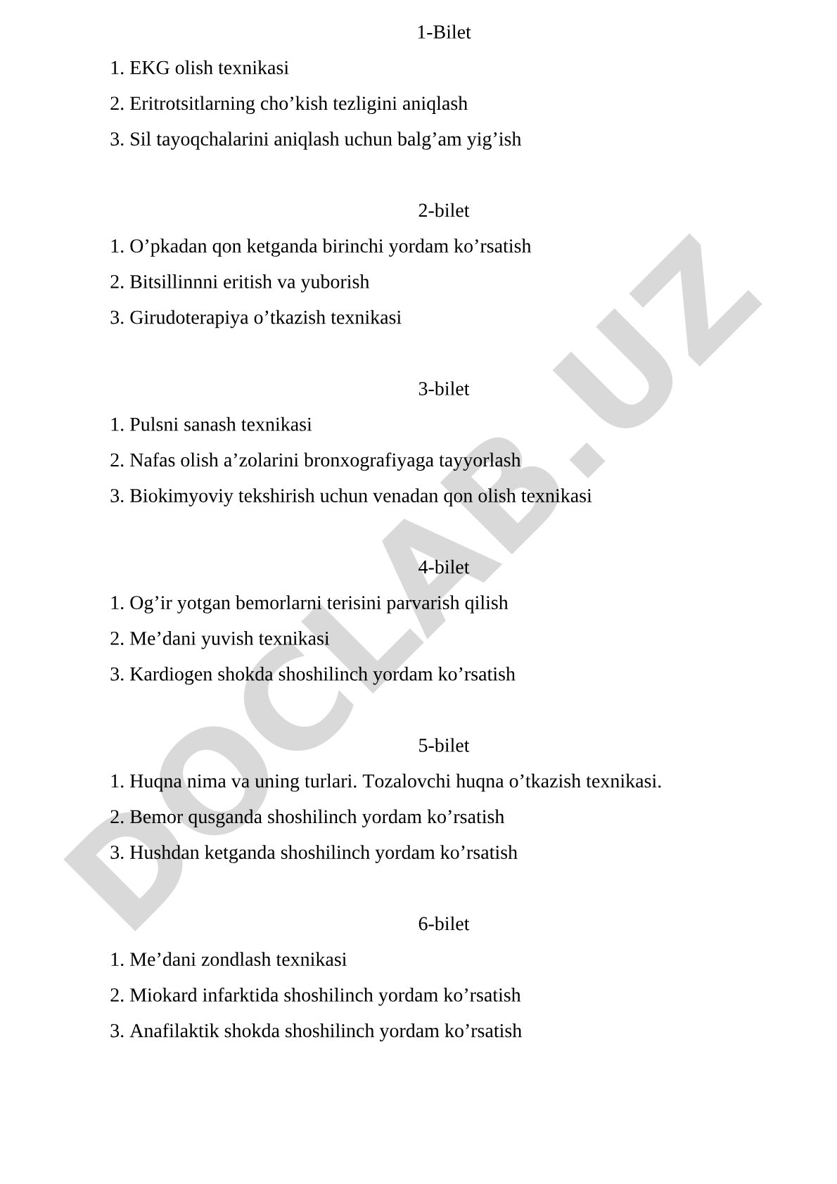 Tibbiyot biletlari: EKG, qon olish, shoshilinch yordam
