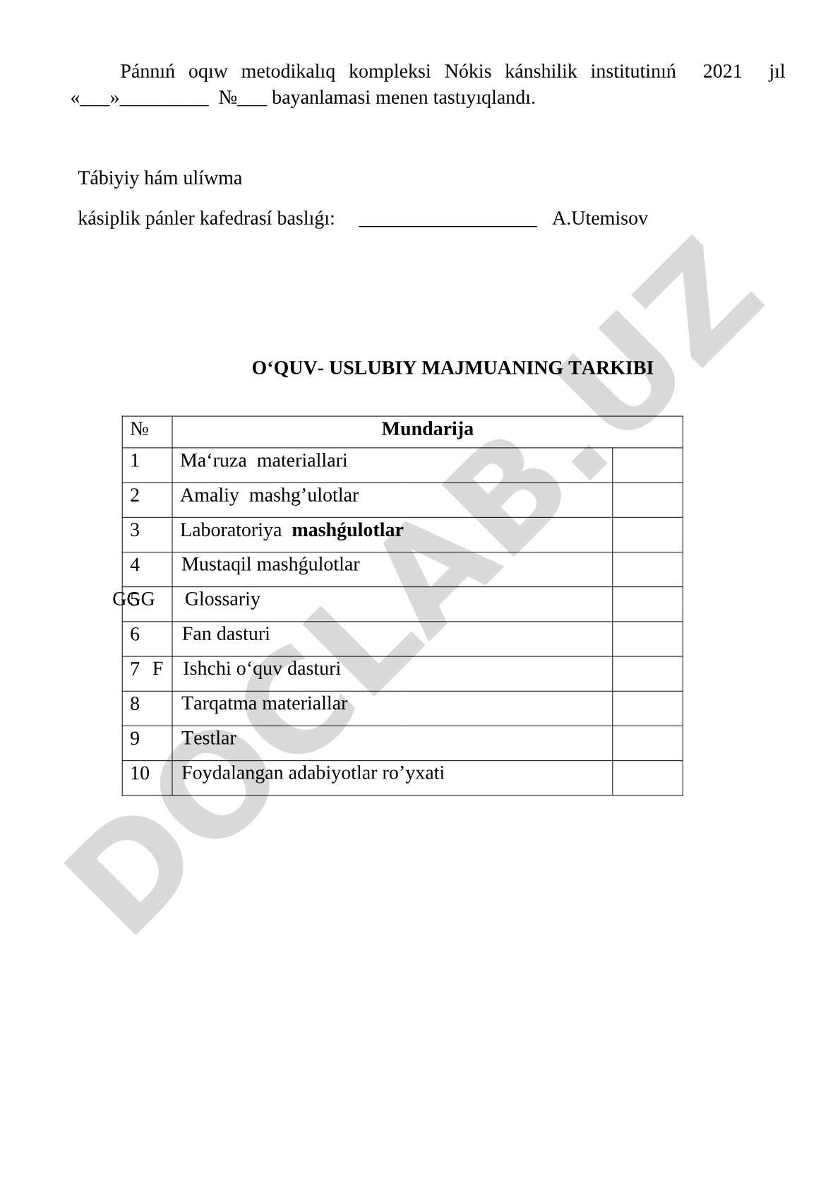 Kimyo fanidan o‘quv uslubiy majmua (1-kurs uchun)