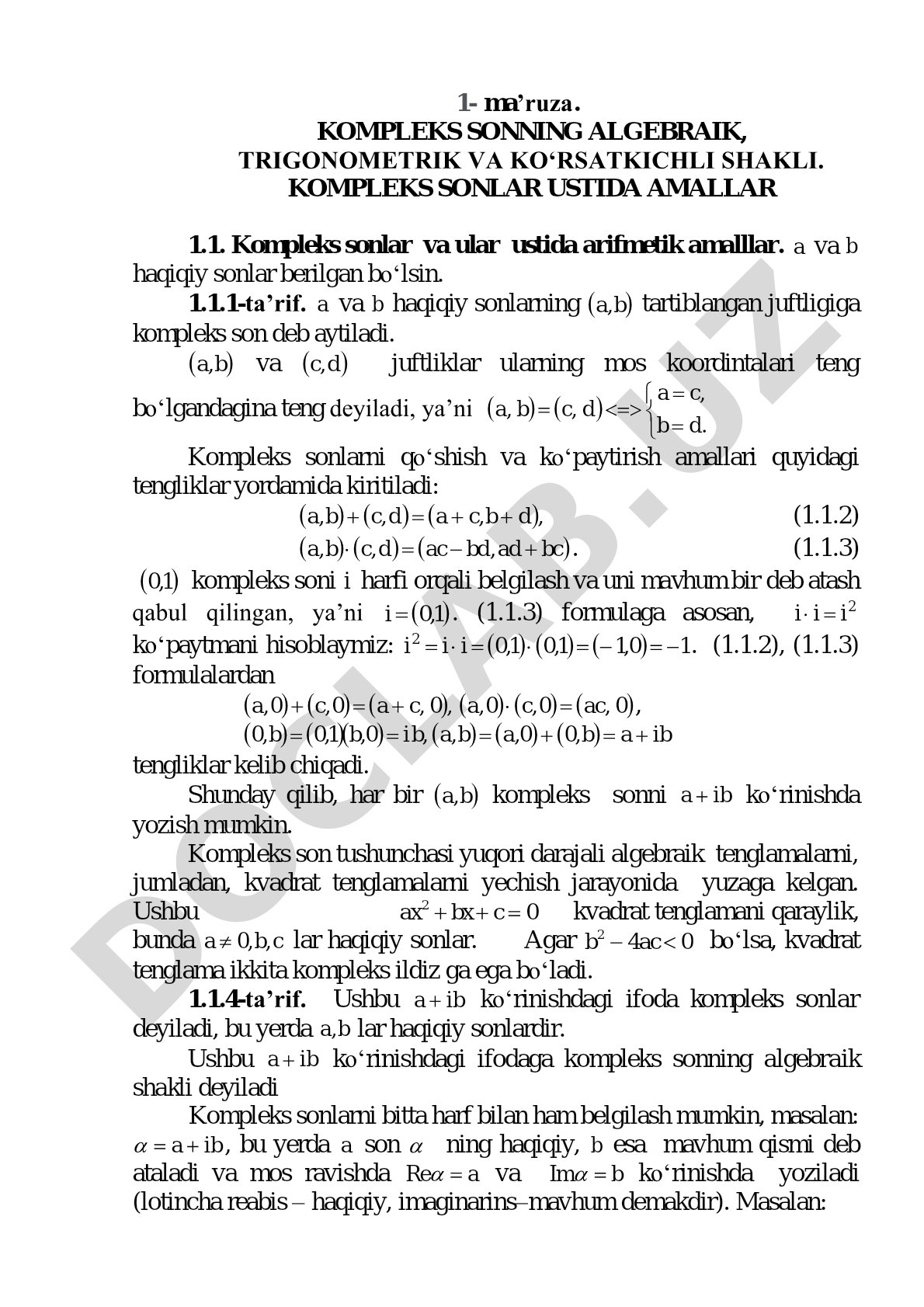 Kompleks sonning algebraik, trigonometrik va ko'rsatkichli shakli. Kompleks sonlar ustida amallar