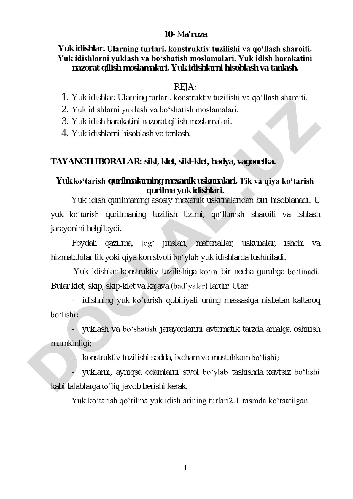 Yuk idishlar. Ularning turlari, konstruktiv tuzilishi va qo‘llash sharoiti.