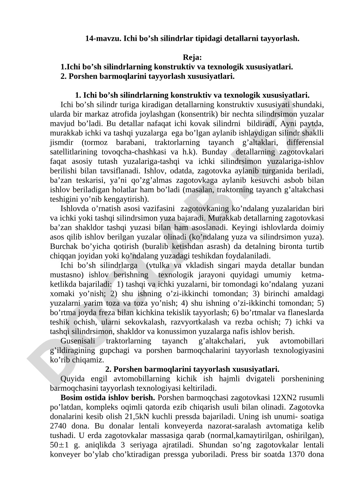 Ichi bo’sh silindrlar tipidagi detallarni tayyorlash