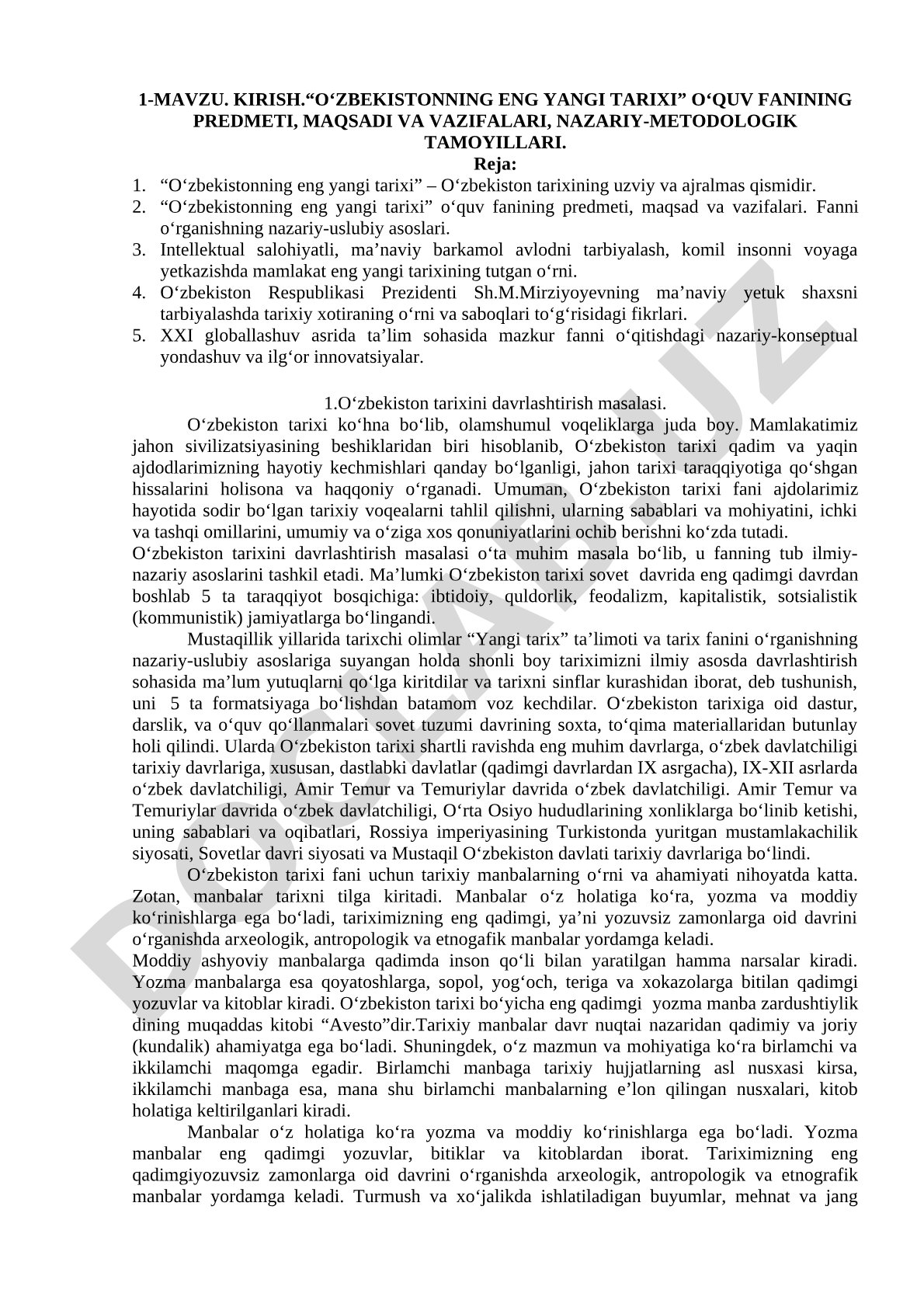 “O‘zbekistonning eng yangi tarixi” o‘quv fanining predmeti, maqsadi va vazifalari