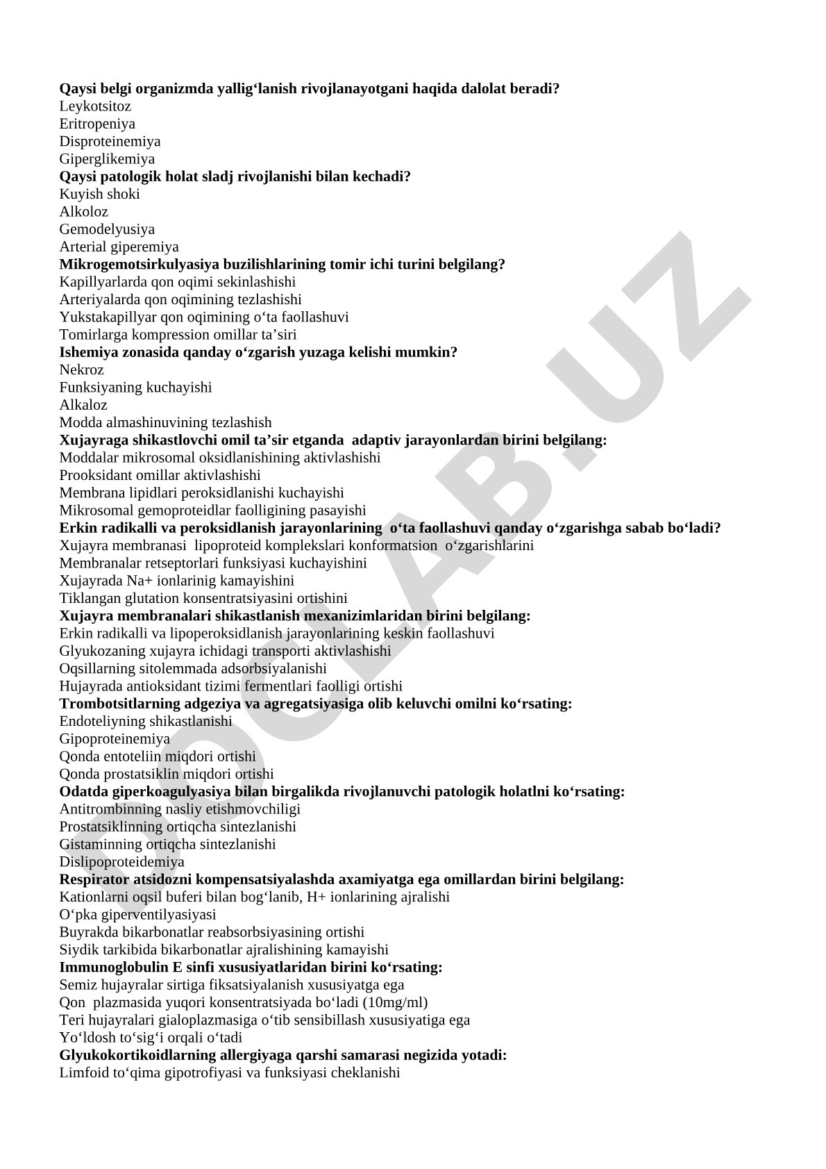 Yallig'lanish va patologik jarayonlar test savollari