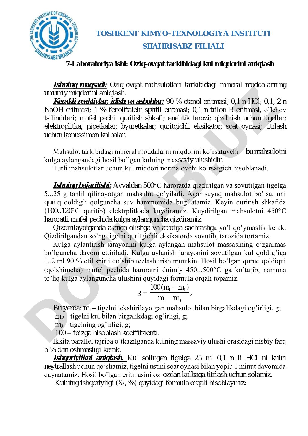 Oziq-ovqat tarkibidagi kul miqdorini aniqlash