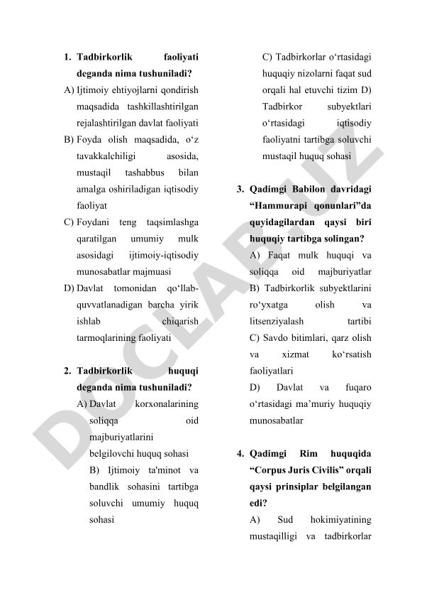 Tadbirkorlik faoliyati va huquqi test savollari