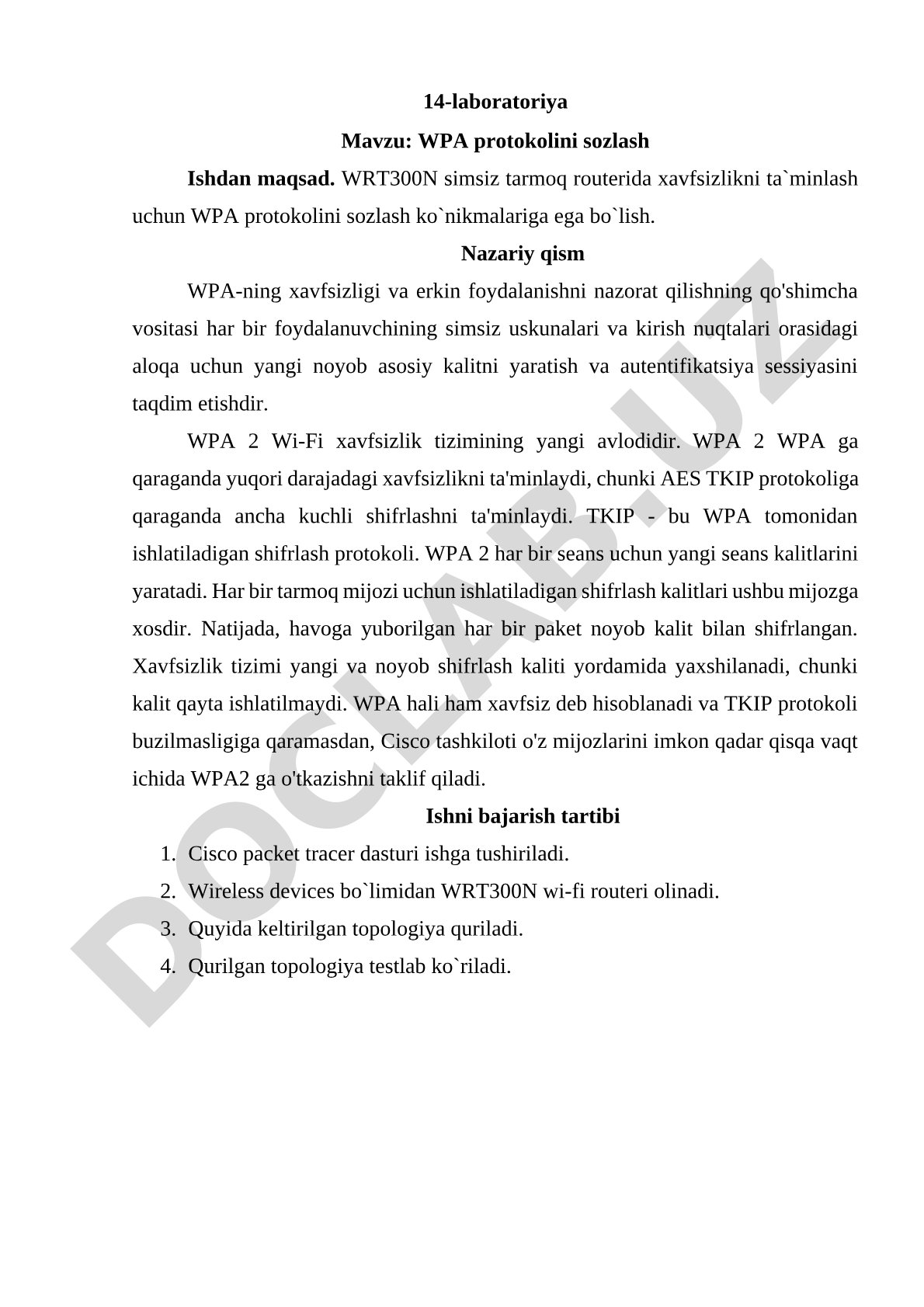 WRT300N routerida WPA protokolini sozlash bo'yicha laboratoriya ishi