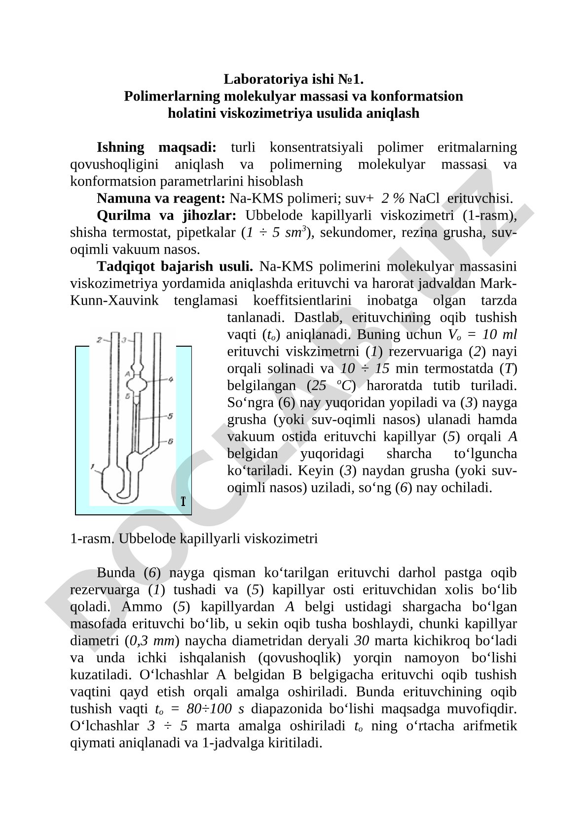 Polimerlarning molekulyar massasi va konformatsion holatini viskozimetriya usulida aniqlash