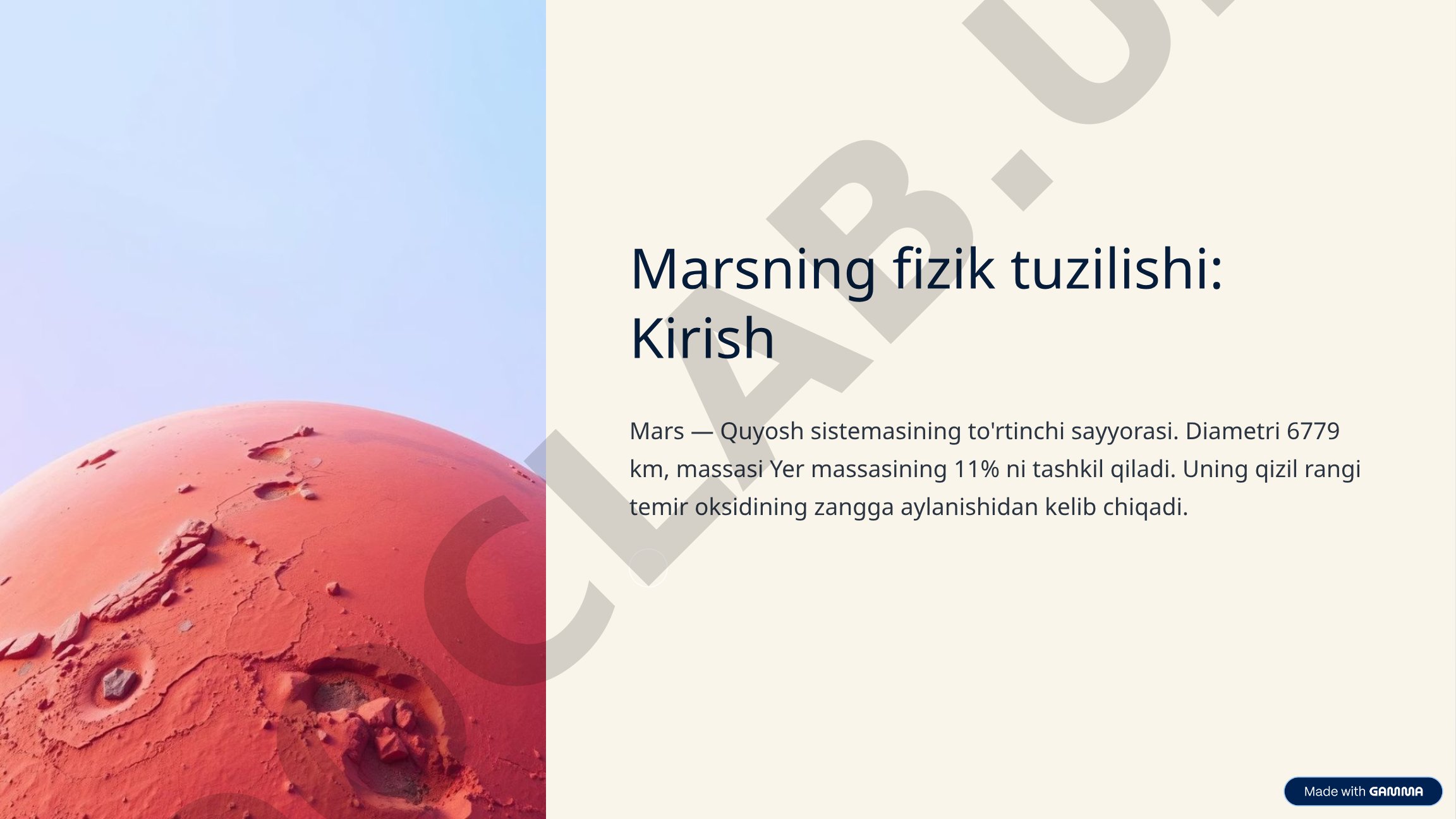 Mars sayyorasining ichki tuzilishi va sirt xususiyatlari haqida