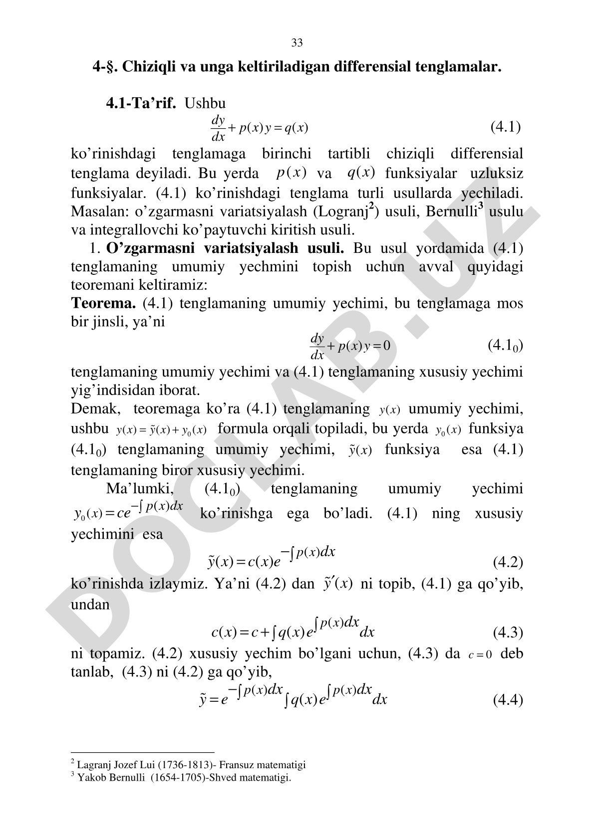 Chiziqli va unga keltiriladigan differensial tenglamalar