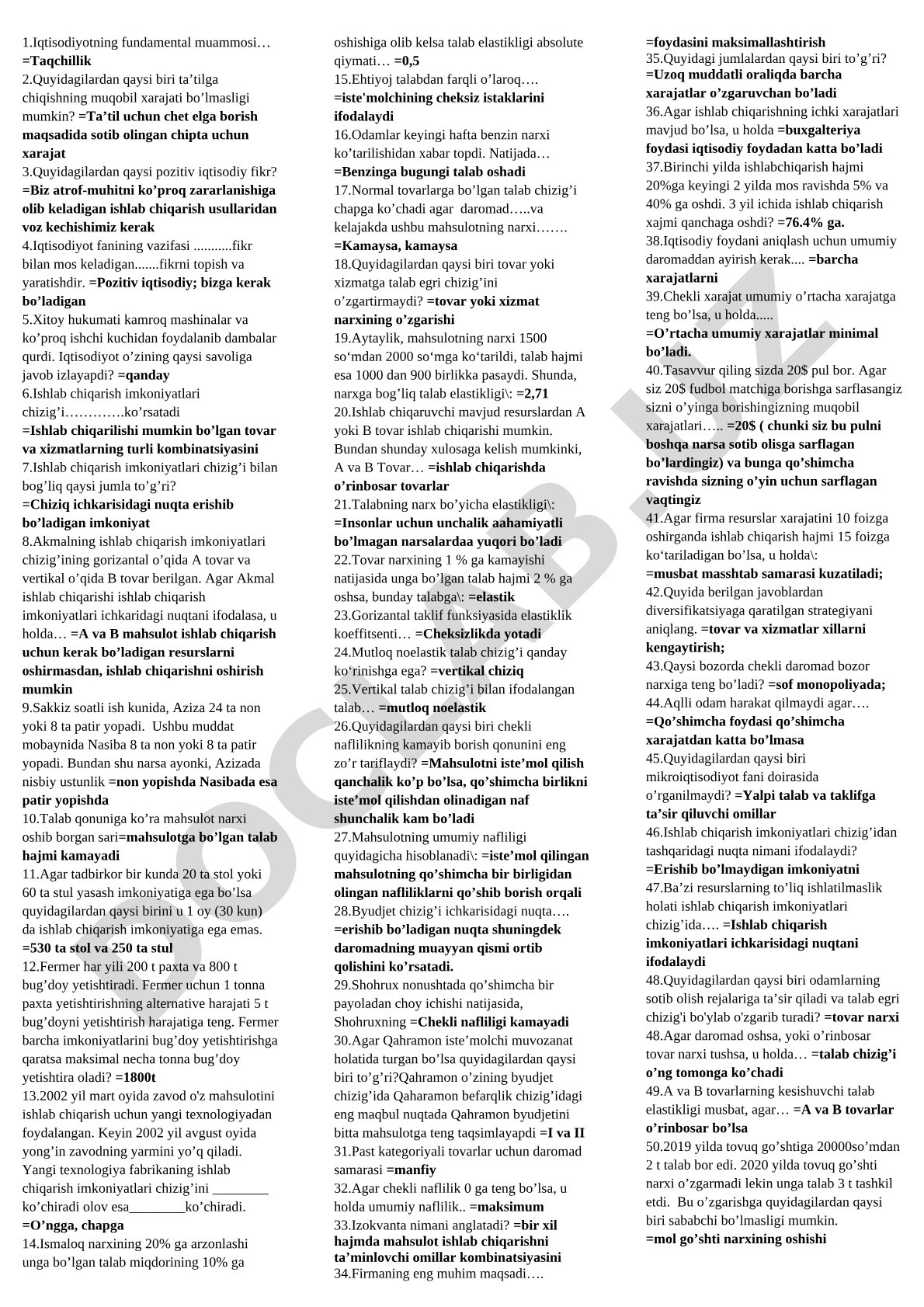 Iqtisodiyotda taqchillik, muqobil xarajat va ishlab chiqarish imkoniyatlari