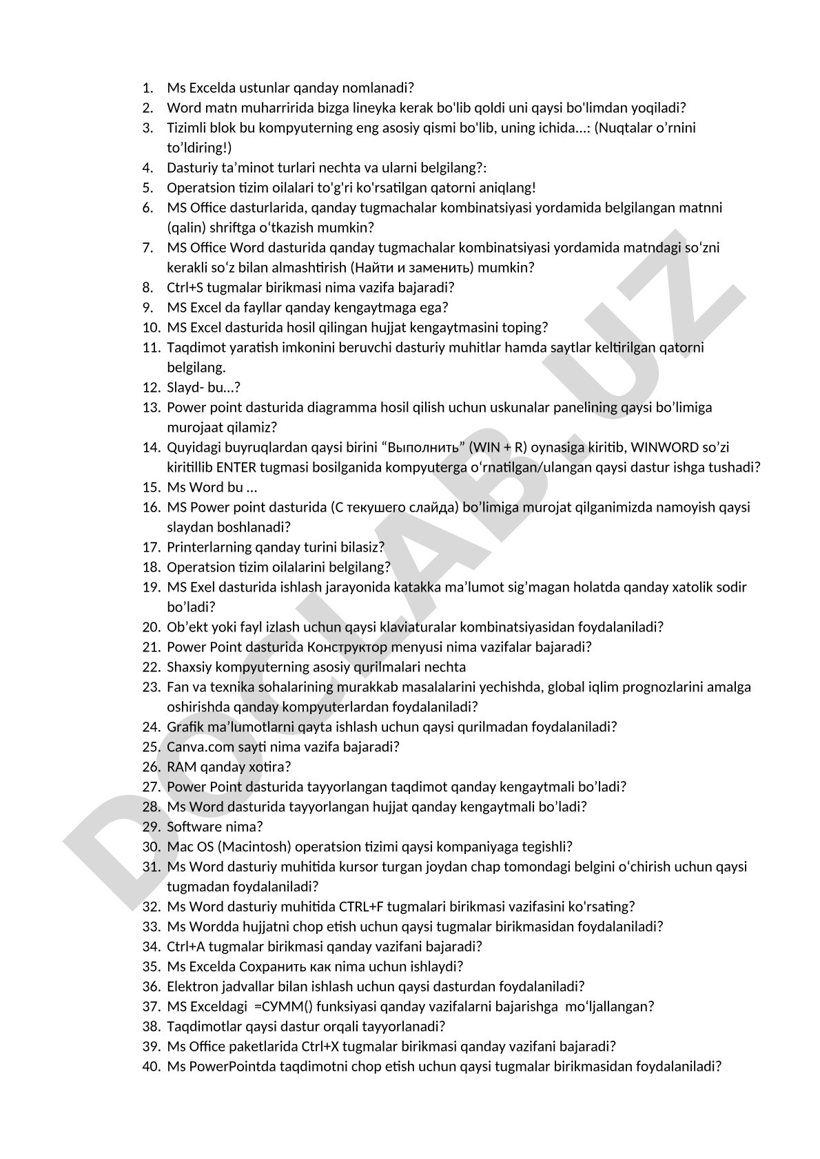 Informatika va MS Office bo'yicha test savollari