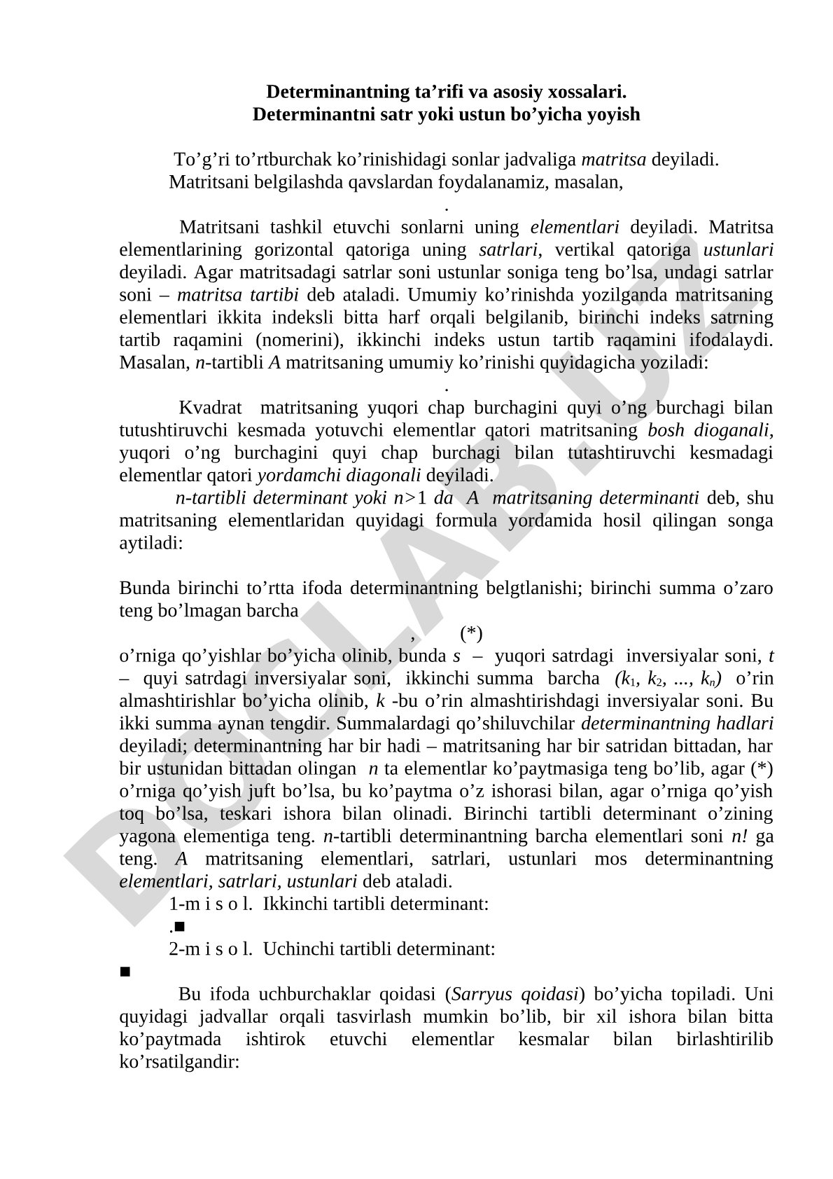 Determinantning ta’rifi va asosiy xossalari
