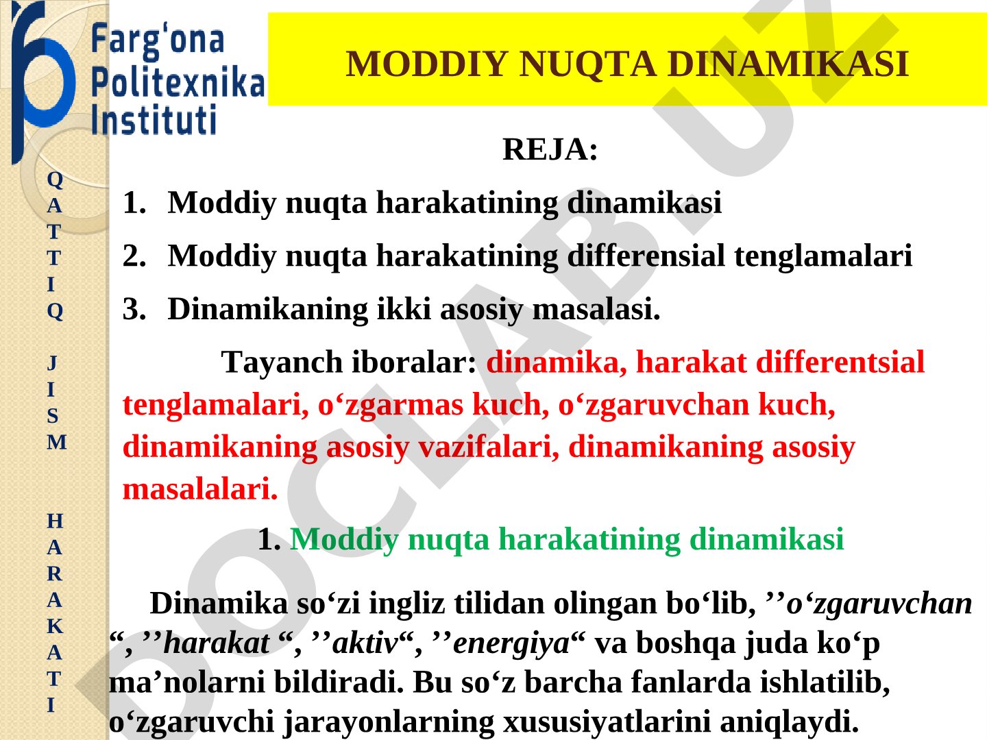 Qattiq jism harakati moddiy nuqta dinamikasi