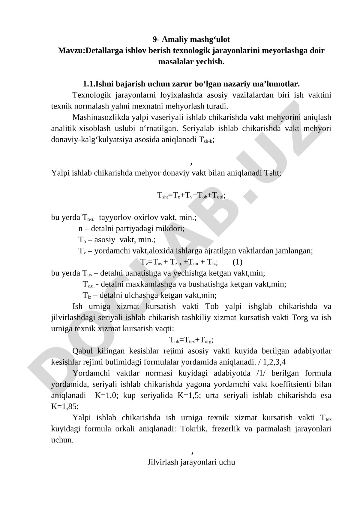 Detallarga ishlov berish texnologik jarayonlarini meyorlashga doir masalalar yechish