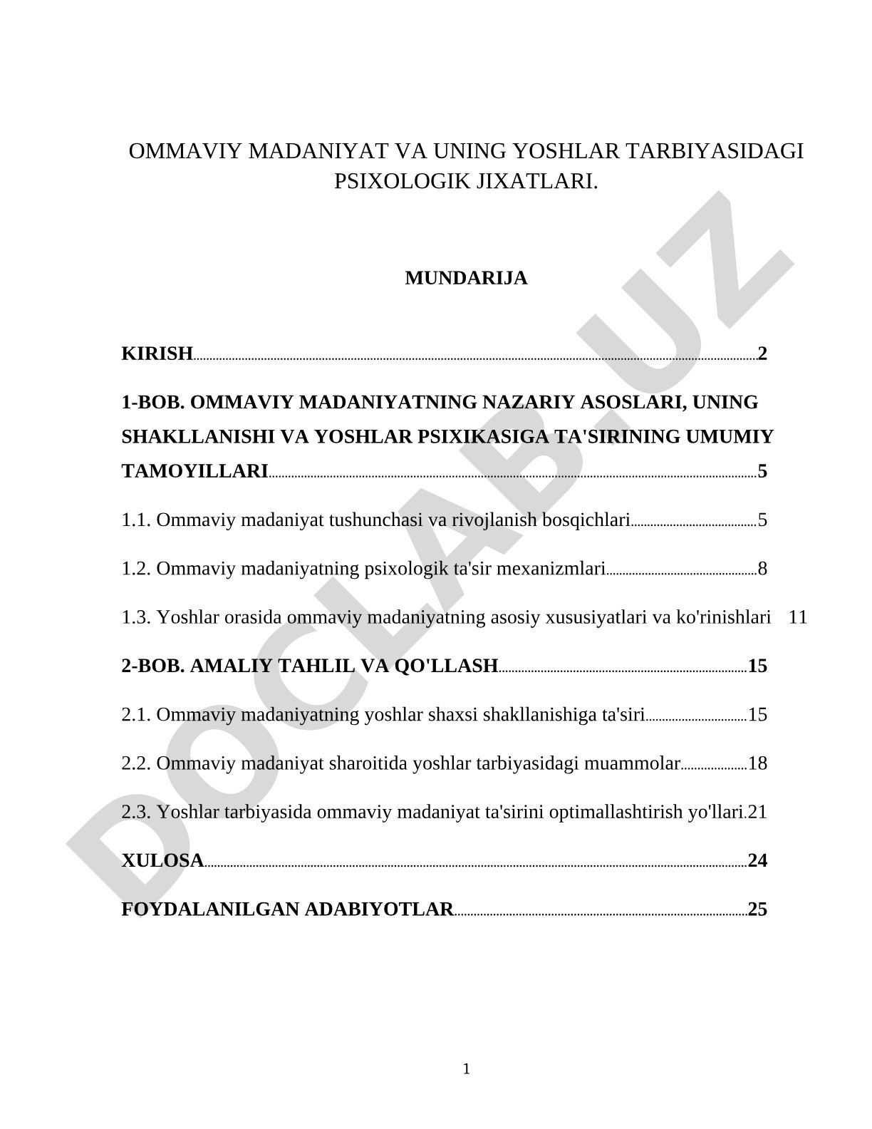 Ommaviy madaniyat va uning yoshlar tarbiyasidagi psixologik jixatlari