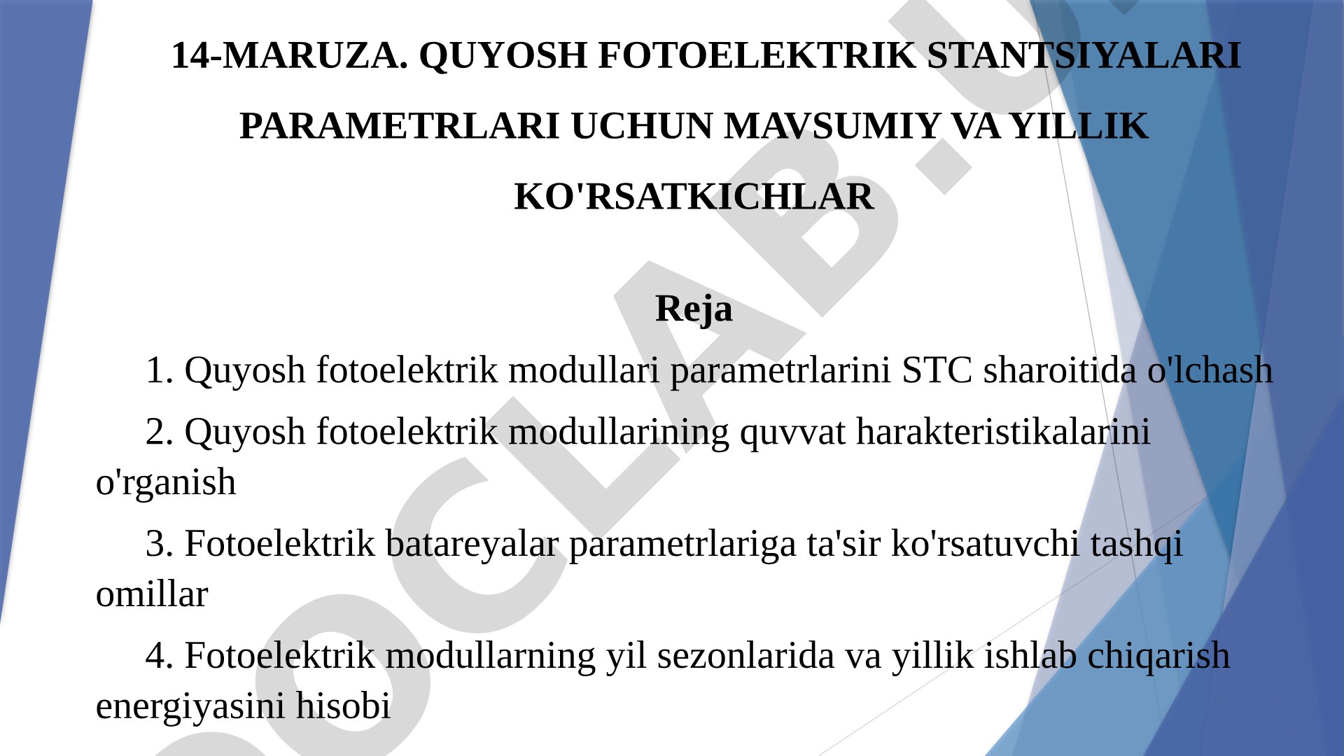 Quyosh fotoelektrik stantsiyalari parametrlari uchun mavsumiy va yillik ko'rsatkichlar