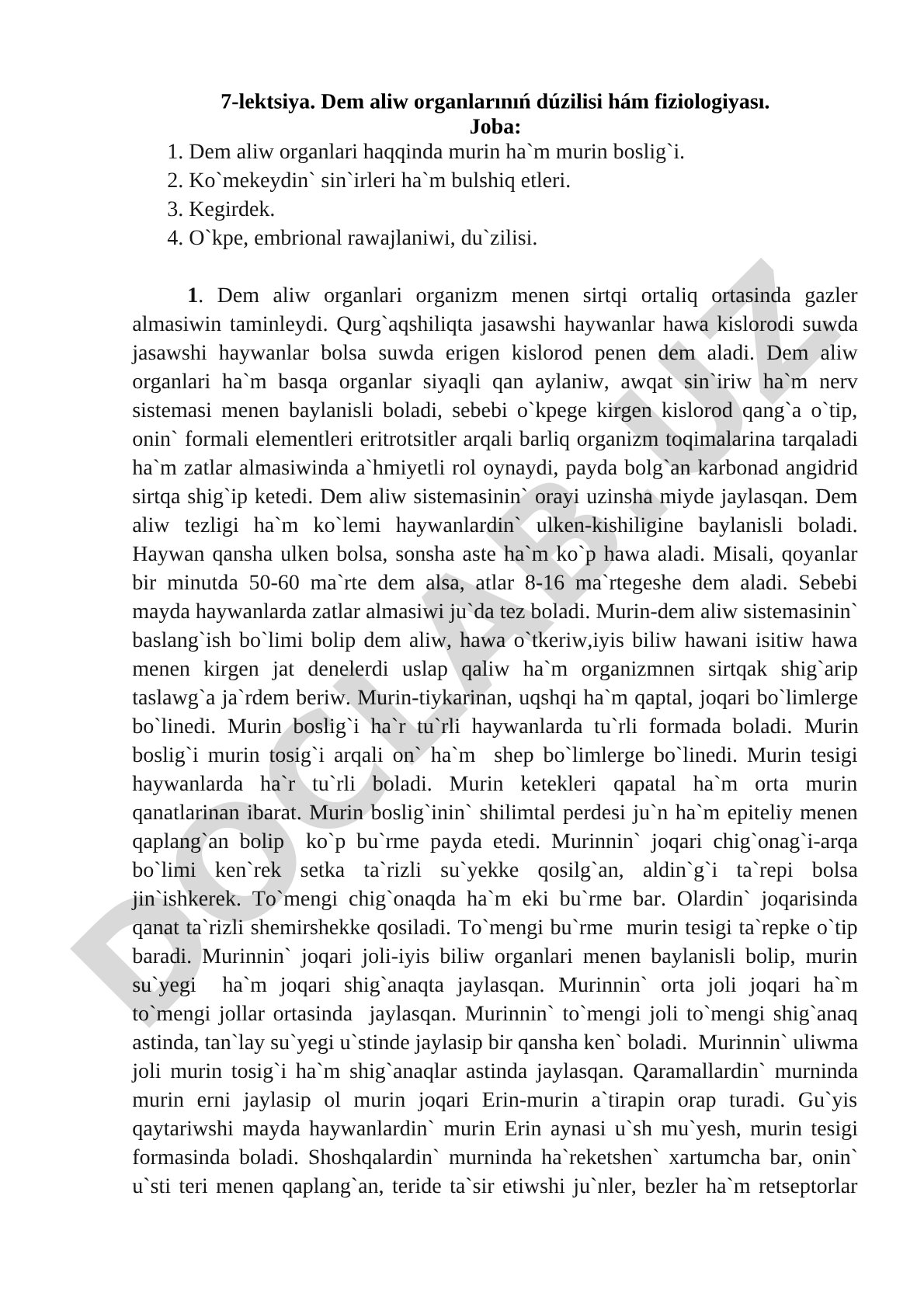 Dem aliw organlarınıń dúzilisi hám fiziologiyası