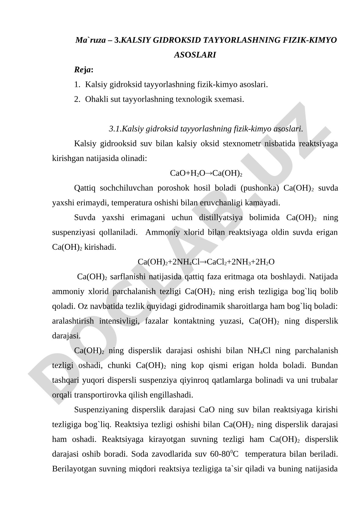 Kalsiy gidroksid tayyorlashning fizik-kimyo asoslari