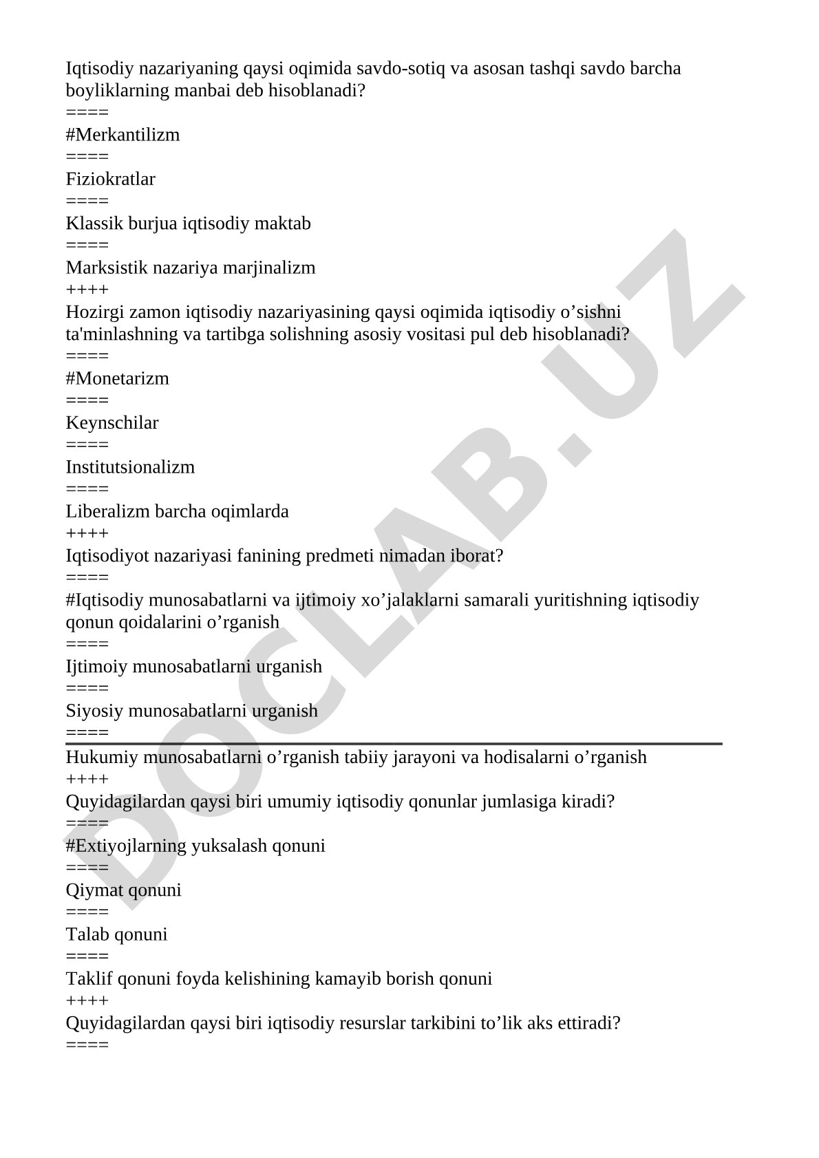 Iqtisodiy nazariya test savollari