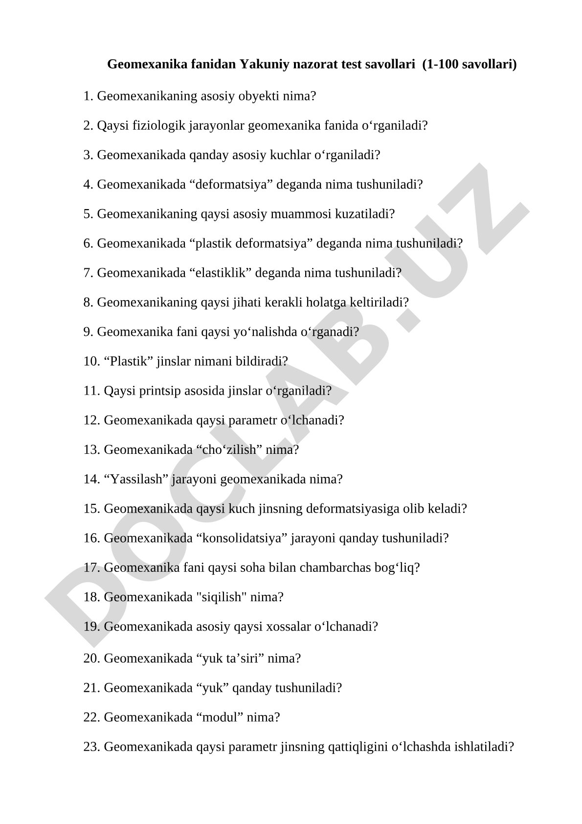 Geomexanika fanidan Yakuniy nazorat test savollari (1-100 savollari) 1
