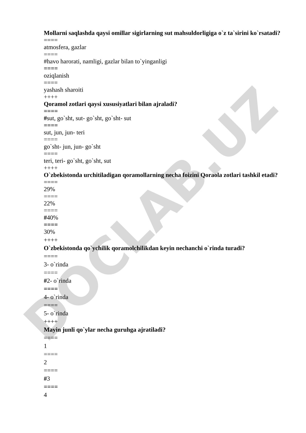 Chorvachilik: qoramol va qo'y zotlari bo'yicha test savollari