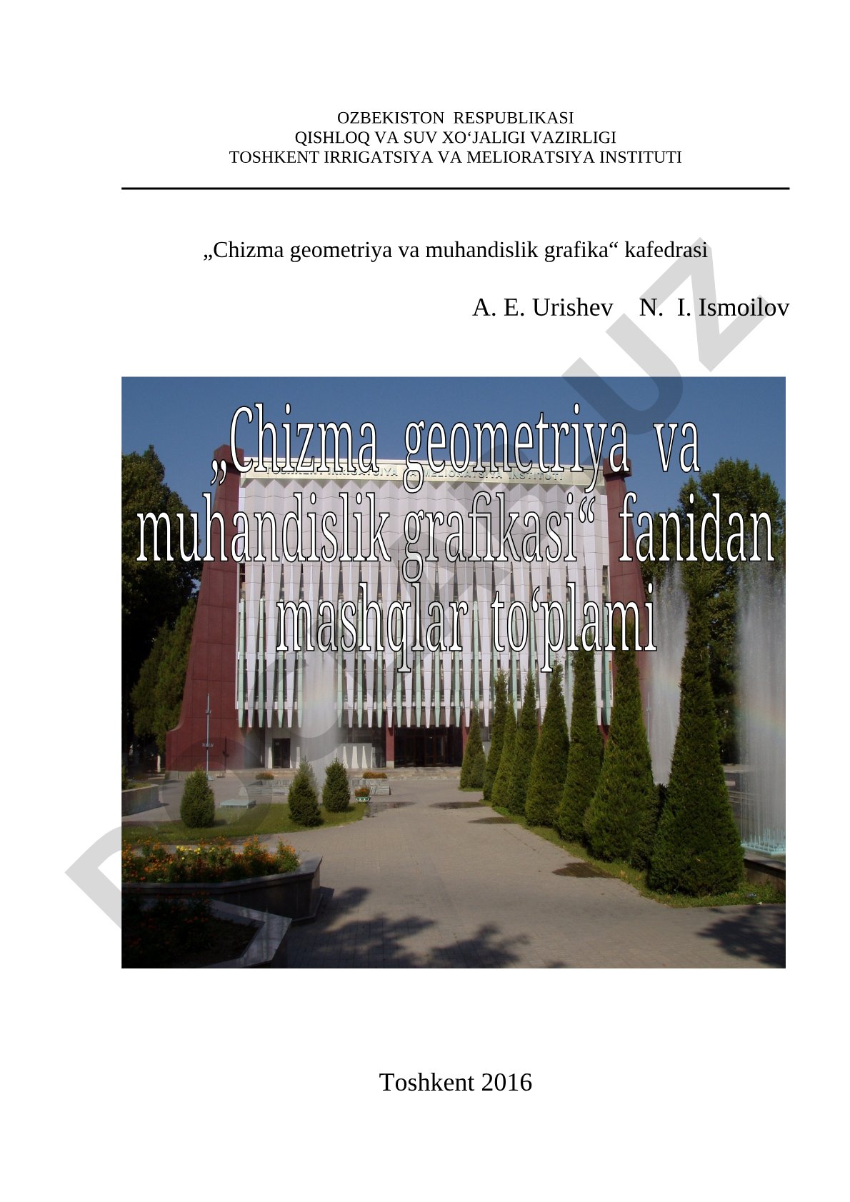 Chizma geometriya va muhandislik grafikasi fanidan mashqlar to'plami