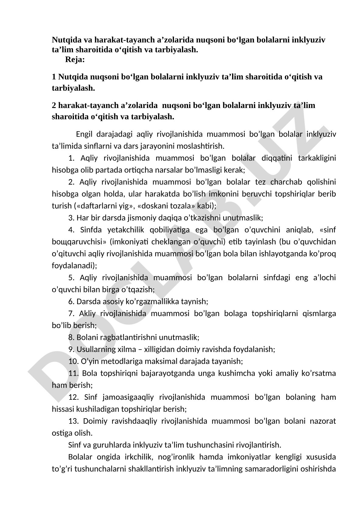 Nutqida va harakat-tayanch a’zolarida nuqsoni bo‘lgan bolalarni inklyuziv ta’limda o‘qitish