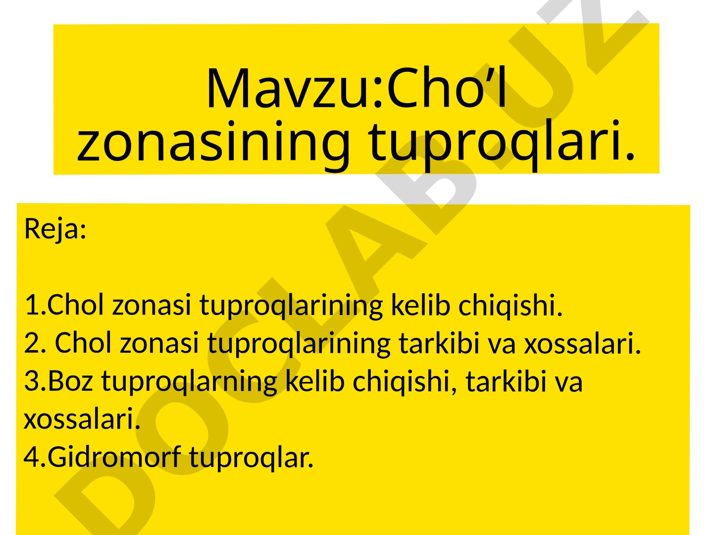 Cho'l zonasi tuproqlarining kelib chiqishi, tarkibi, xossalari va gidromorf tuproqlar