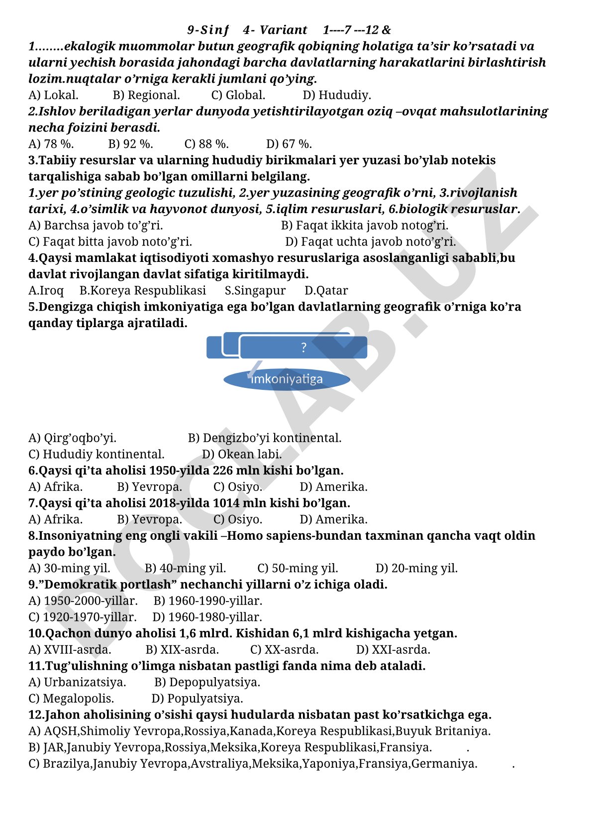 9-sinf geografiya fanidan test savollari: ekologik muammolar va tabiiy resurslar