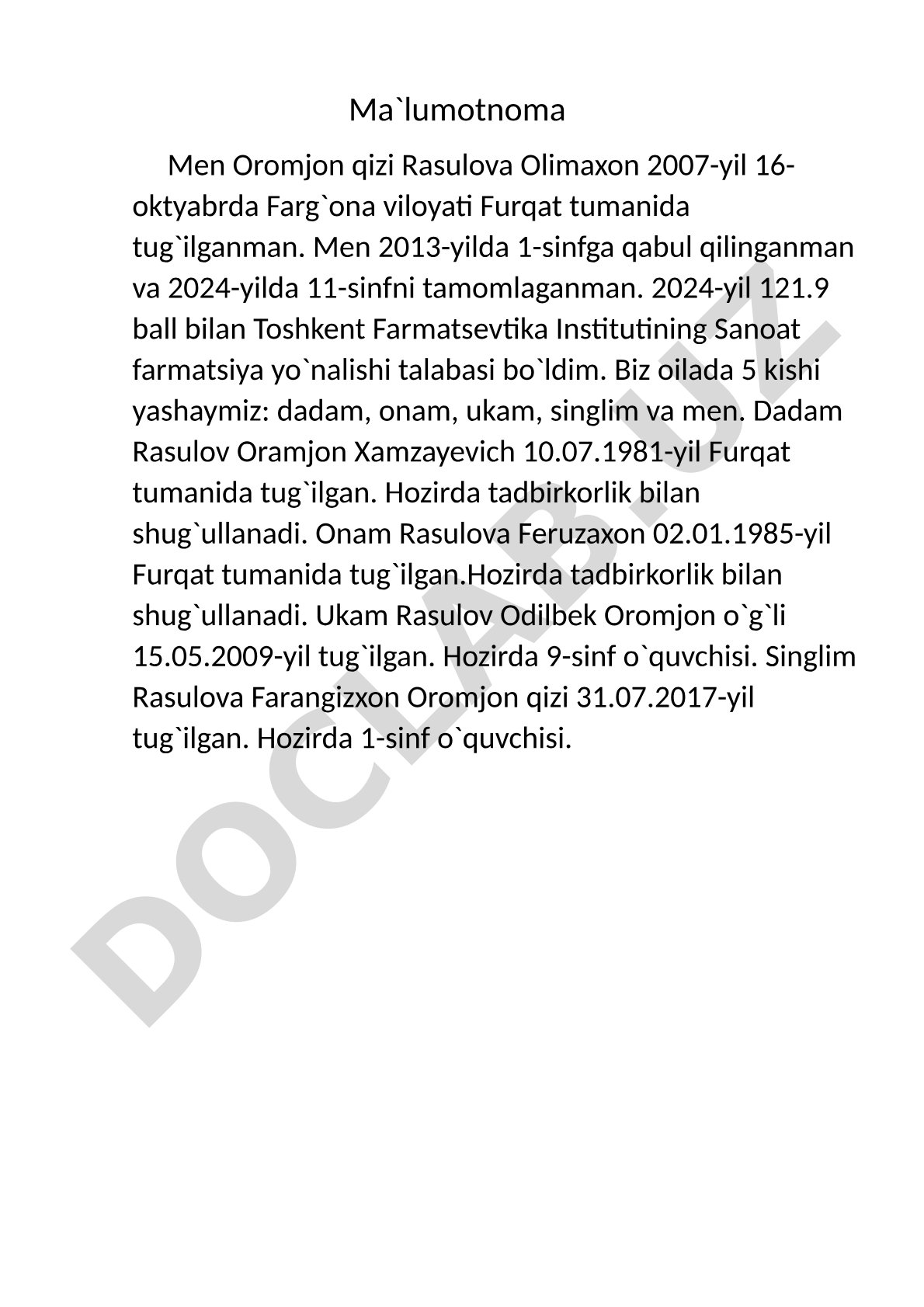 Oromjon qizi Rasulova Olimaxon