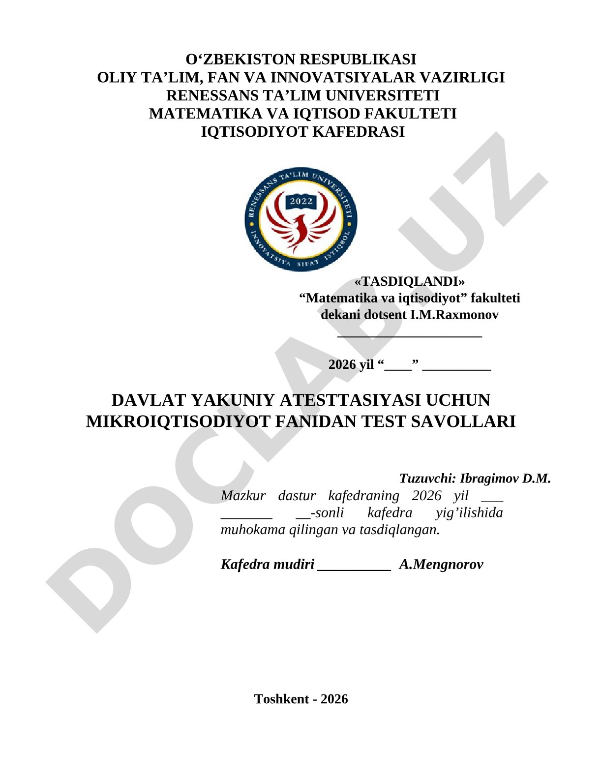 Mikroiqtisodiyot fanidan davlat yakuniy attestatsiyasi test savollari