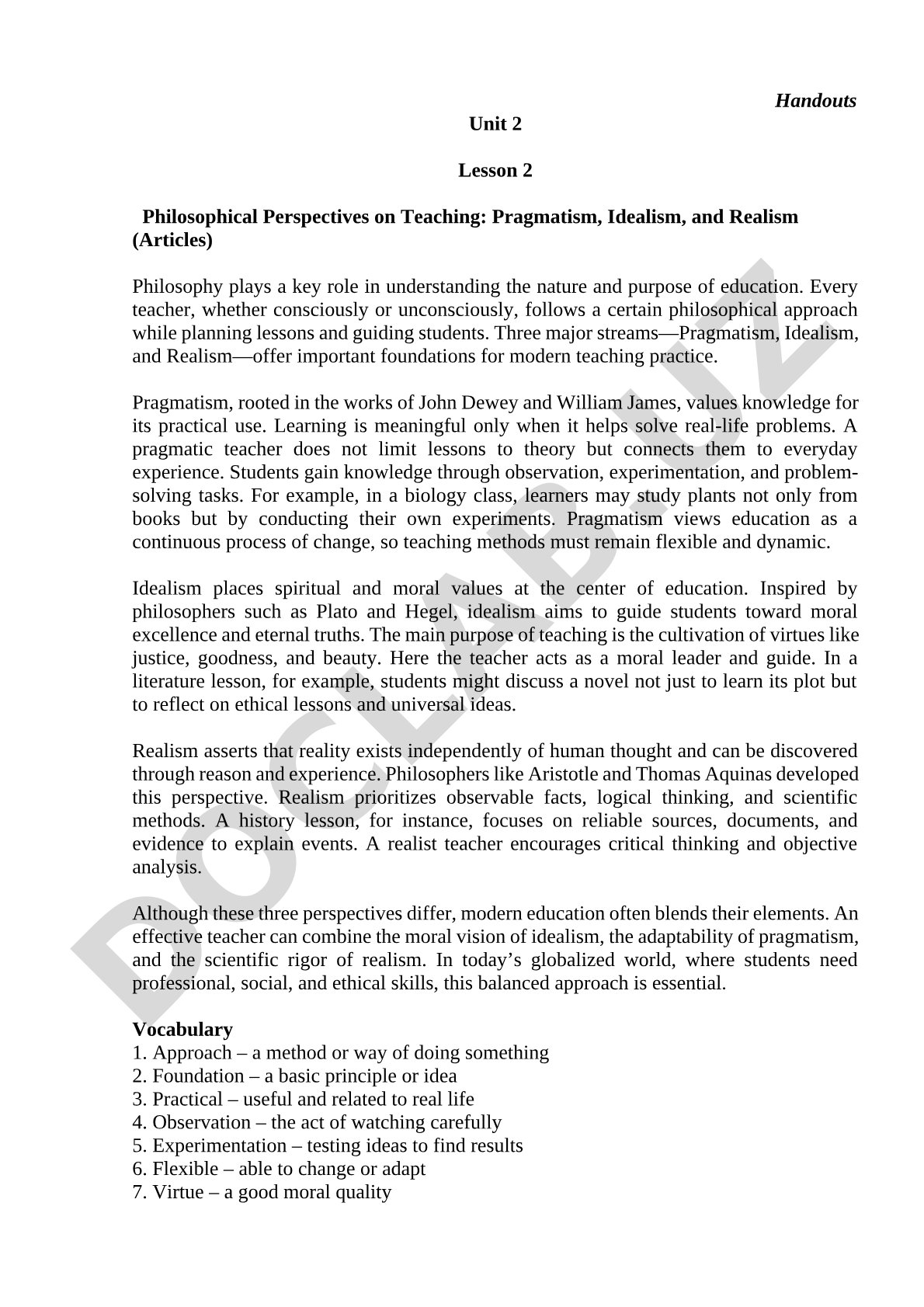 Philosophical Perspectives on Teaching: Pragmatism, Idealism, and Realism