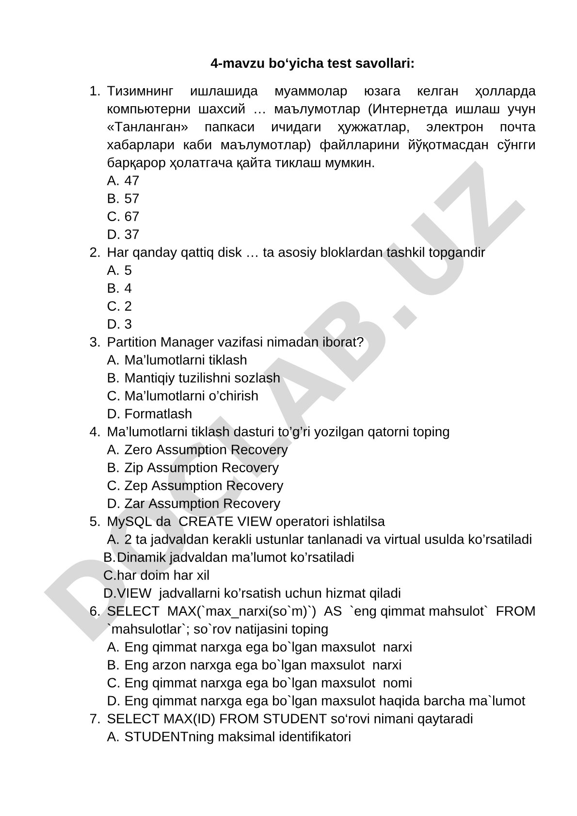 Tizim muammolari, qattiq disk va ma'lumotlarni tiklash testlari