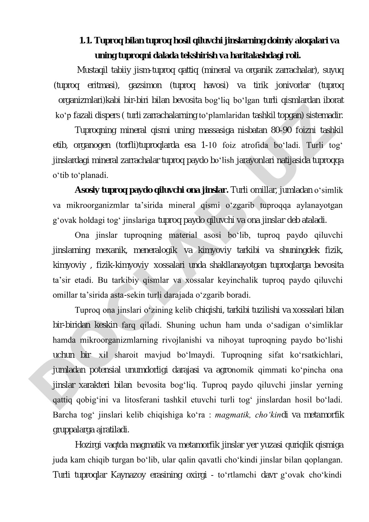 Tuproq bilan tuproq hosil qiluvchi jinslarning doimiy aloqalari va uning tuproqni dalada tekshirish va haritalashdagi roli