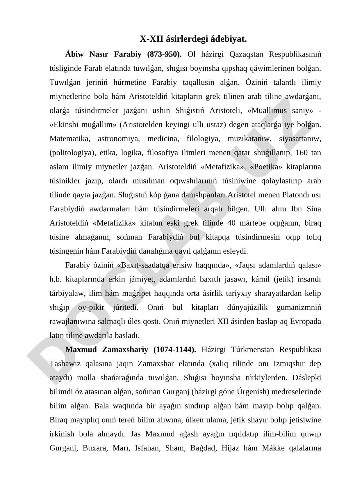 X-XII ásirlerdegi ádebiyat. Ábiw Nasır Farabiy