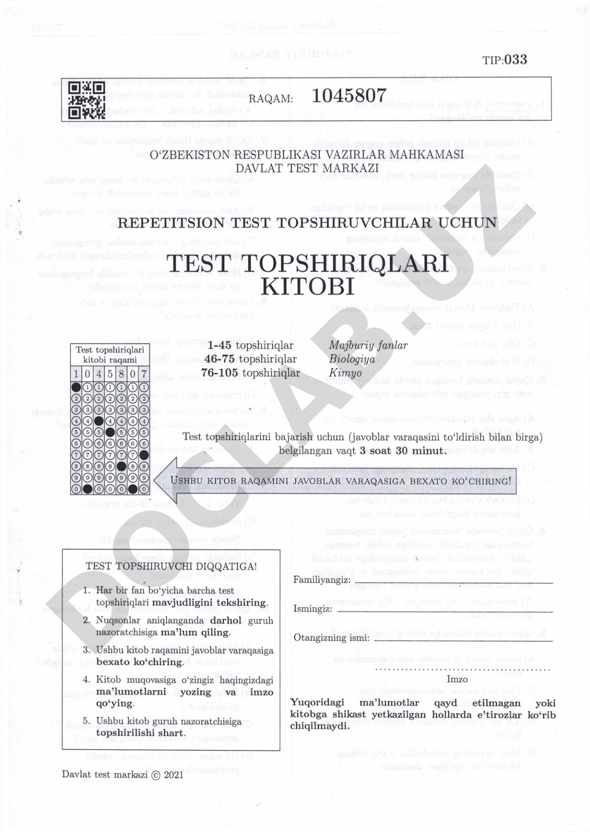 Repetitsion test topshiriqlari: majburiy fanlar, biologiya va kimyo