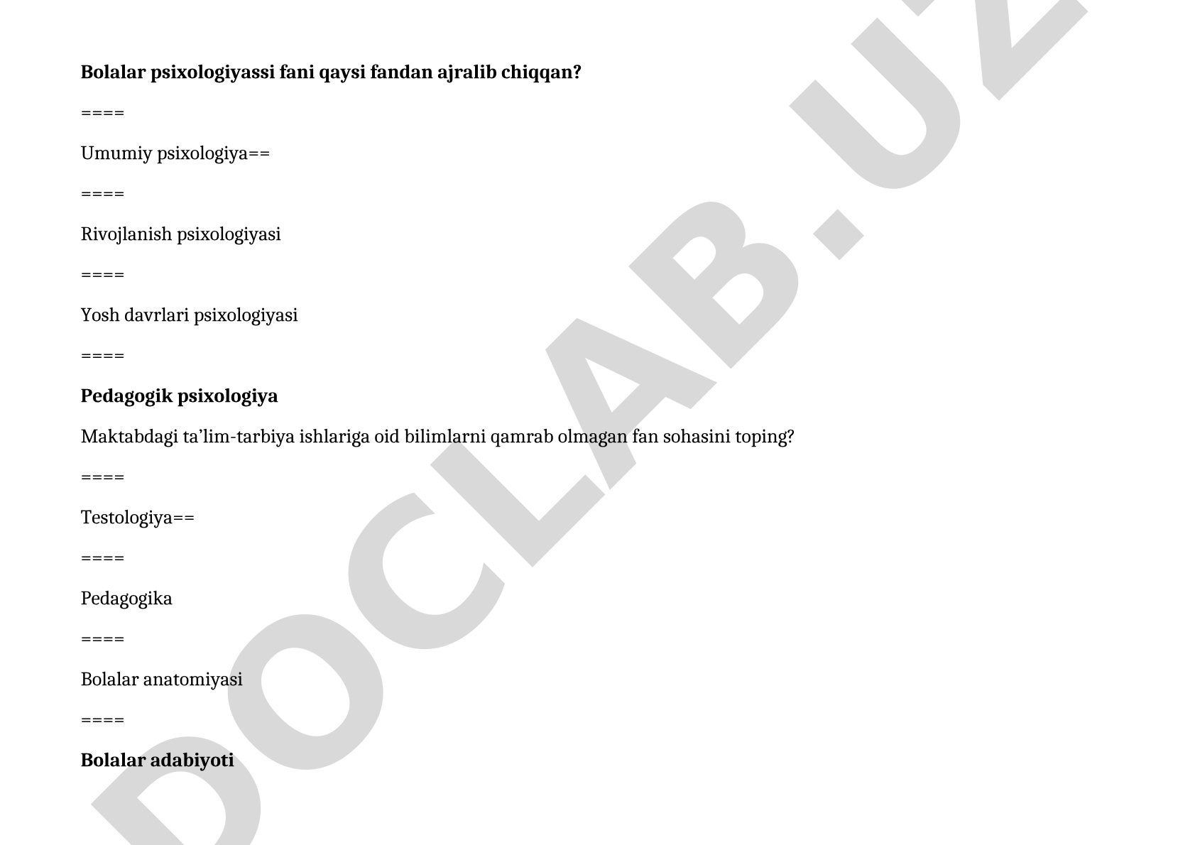 Bolalar psixologiyasi fanidan test savollari